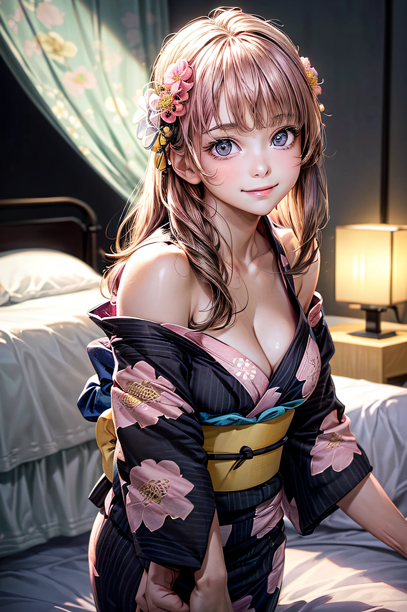(1ung girl), Extremely cute face, Amazing face and eyes, (Highly detailed eyes, Highly detailed face), fresh, Very clean appearance, (Hyper-realistic, hight resolution), (Best Quality:1.4), Raw photo, (Realistic, Photorealsitic:1.37), Professional Photography, (light pink floral pattern yukata:1.5), (Open yukata), (cleavage:1.2), (Bare shoulders), Smile slightly, (Staring at me), Bedroom, (The bedroom is pitch black:1.6), girl portrait,