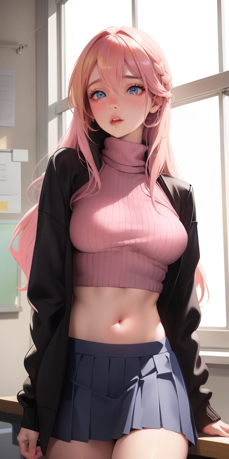 Beautiful red and pink hair woman is shown to have a sexy figure, she is wearing a oversized hoodie, no pants, choker, sexy look, messy hair, hair bows, blue eyes, girl in living room ,sexy session, sexy pose, cowboy shot, superior quality, many details, realistic