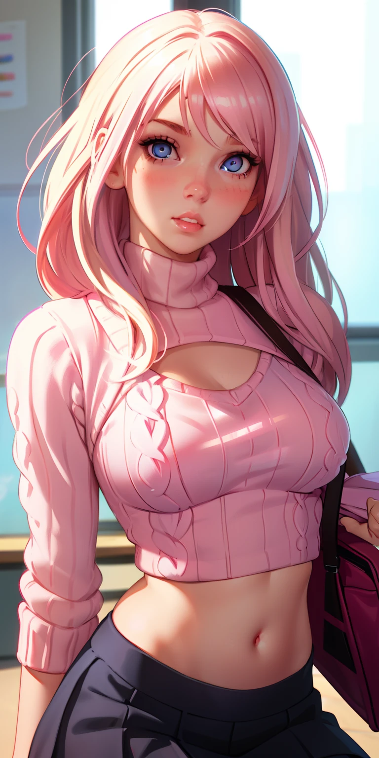 ultra-realistic, 1girl, blondish pink hair, blue eyes, glowing eyes, sweater crop top, classroom, skirt, parted lips, blush, tinted windows