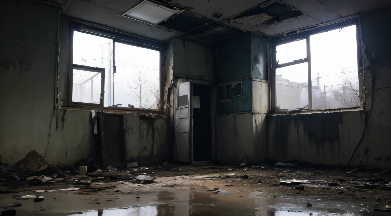 High Quality, Best Picture Quality, Best Quality, High Quality, 8K, 16K, 32K, (Outside an Abandoned Hospital), Night, Dimm, Fear, Old modern hospital, blood splattered on the walls, standing water, broken lights, broken windows, weeds, (((Post-apocalyptic style))), (((hospital window focus))), broken window, horror mood, lack of light