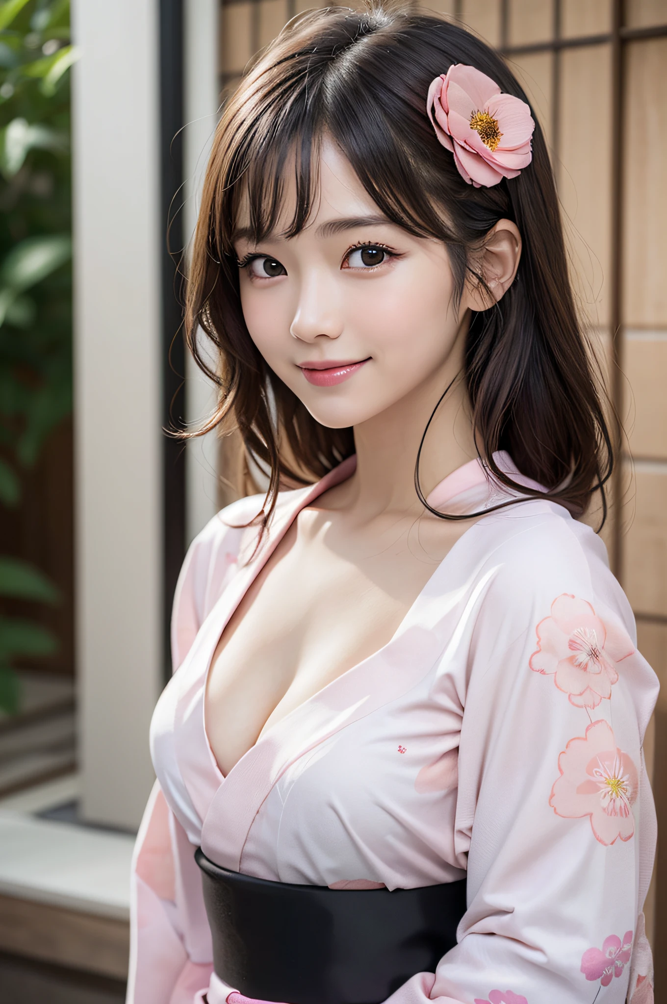 (1ung girl), Extremely cute face, Amazing face and eyes, (Highly detailed eyes, Highly detailed face), fresh, Very clean appearance, (Hyper-realistic, hight resolution), (Best Quality:1.4), Raw photo, (Realistic, Photorealsitic:1.37), Professional Photography, (light pink floral pattern yukata:1.5), (Open yukata), (cleavage:1.2), (Bare shoulders), Smile slightly, (Staring at me), Bedroom, girl portrait , (show off one nipple:1.2)