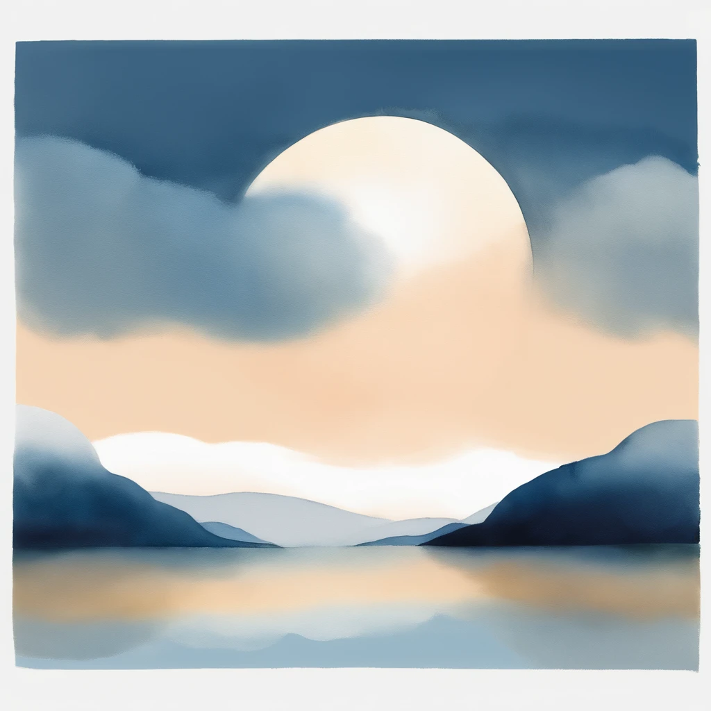 Simple landscape painting,Ancient wind,Around eleven o'clock in the evening,Clouds,themoon,naive,Hand drawn watercolor,Star blue