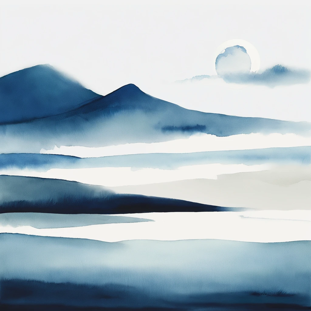 Simple landscape painting,Ancient wind,Around eleven o'clock in the evening,Clouds,themoon,naive,Hand drawn watercolor,Star blue