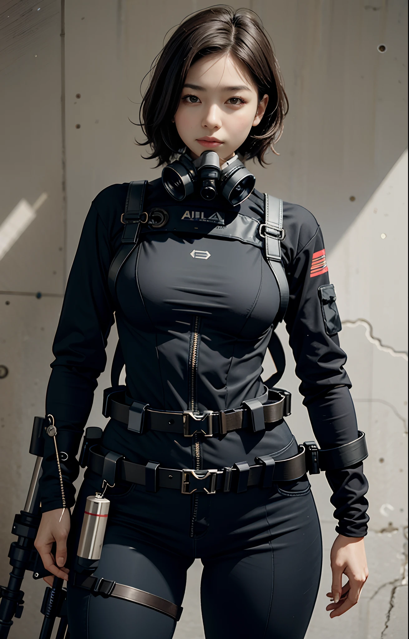 Highest image quality, outstanding details, ultra-high resolution, (realism: 1.4), ((close up:0.75)), highly condensed 1 lady, with beautiful and a delicate face, perfect proportion, aiming the viewer, ((aiming the viewer)), (chubby:0.3, small breasts), (cloths color base ratio black:0.4 white:0.5 other-color:0.1), (wearing rash-guard likes police uniform, black and gray mecha, wearing high-tech heavy gasmask, military harness, holding a machinegun, carrying hich-tech-flamethrower -tank on back), captain, background simple grey wall,