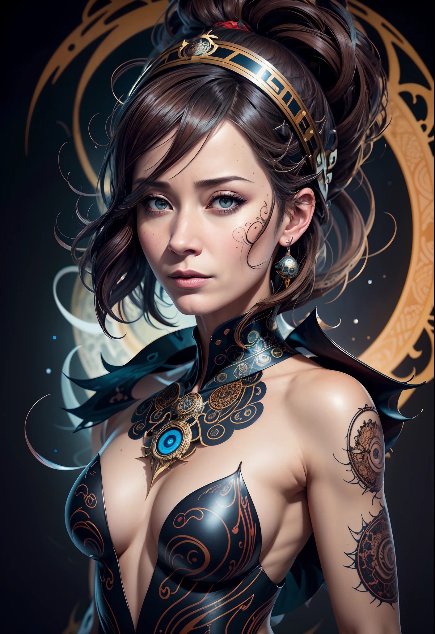 (Emily blunt:Evangeline Lilly) is a beautiful charming pirate carved out of dark smoke, dressed as a pirate in black, circular colored smoke, waves of shadows at night, abstract skull ornaments, soft colors, flat 4d street art in the style of adrian ghenie, esao andrews, jenny saville , edward hopper, surrealism, james jean dark, takato yamamoto, inkpunk minimalism, , detailed symmetrical brown eyes with circular iris, seamless geometric pattern harmony, luminogram, iron gall ink, art by Russ Mills, Sakimichan,, by GIlSam -paio octane rendering depicting innovation and truth, 8k, by Lee Jeffries, depth - Gs studio