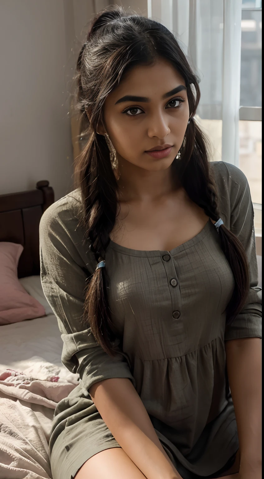 ultra-realistic photographs,Indian Instagram female model,mid 20s,9:16,mid-shot,beautiful detailed eyes,detailed lips,longeyelashes,long black pigtails hair, naturally full eyebrows,perfectly formed nose,expressive face,attractive appearance,candid photo,vibrant and colorful pyjamas dress, plain dress, hostel room background, serene atmosphere,stunning architecture,soft and natural lighting,vivid colors,photorealistic,HDR,highres,studio lighting,ultra-detailed,bokeh,fully covered clothes