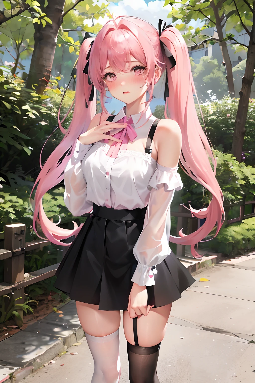 Lift the hem of the skirt、Woman showing underwear in embarrassment、age19、blushed face、White and pink lace underwear on the top and bottom、Pink-haired twintails,Pink hair,a black ribbon,Black camisole,in woods,White and pink knee socks,Wet,Transparent,