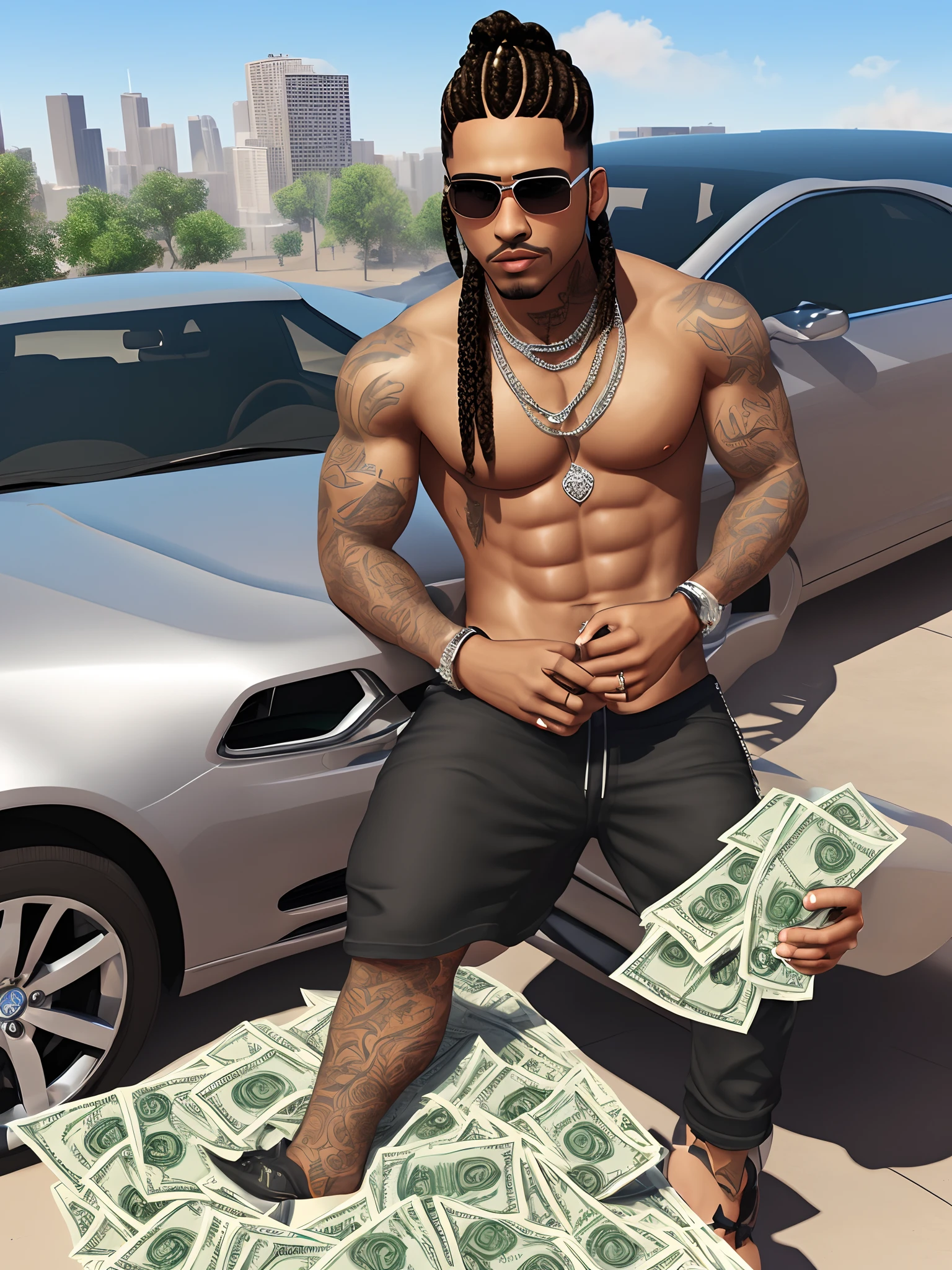 3d Hispanic male with braids and tattoos smoking with stacks of money in both hands with diamonds chains and grills in Chicago next to a foreign car