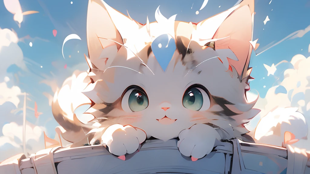 anime cat, anime visual of a cute cat, realistic anime cat, cute detailed digital art, Anime Art Wallpapers 4 k, anime art wallpaper 4k, Very beautiful furry art, 4 k manga wallpaper, Cute Anime Cats, Anime Art Wallpapers 8K、kirakira、blue-sky、sunny sky、suns、butterflys々is flying、butterflys々、calico cat、green colored eyes、Green eyes、With background