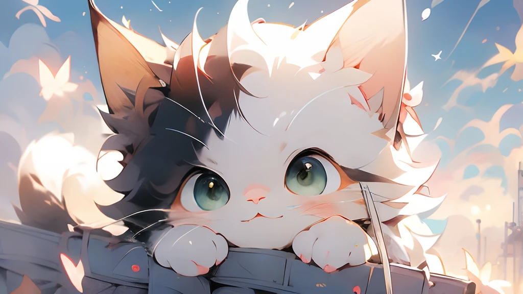 anime cat, anime visual of a cute cat, realistic anime cat, cute detailed digital art, Anime Art Wallpapers 4 k, anime art wallpaper 4k, Very beautiful furry art, 4 k manga wallpaper, Cute Anime Cats, Anime Art Wallpapers 8K、kirakira、blue-sky、sunny sky、suns、butterflys々is flying、butterflys々、calico cat、green colored eyes、Green eyes、With background