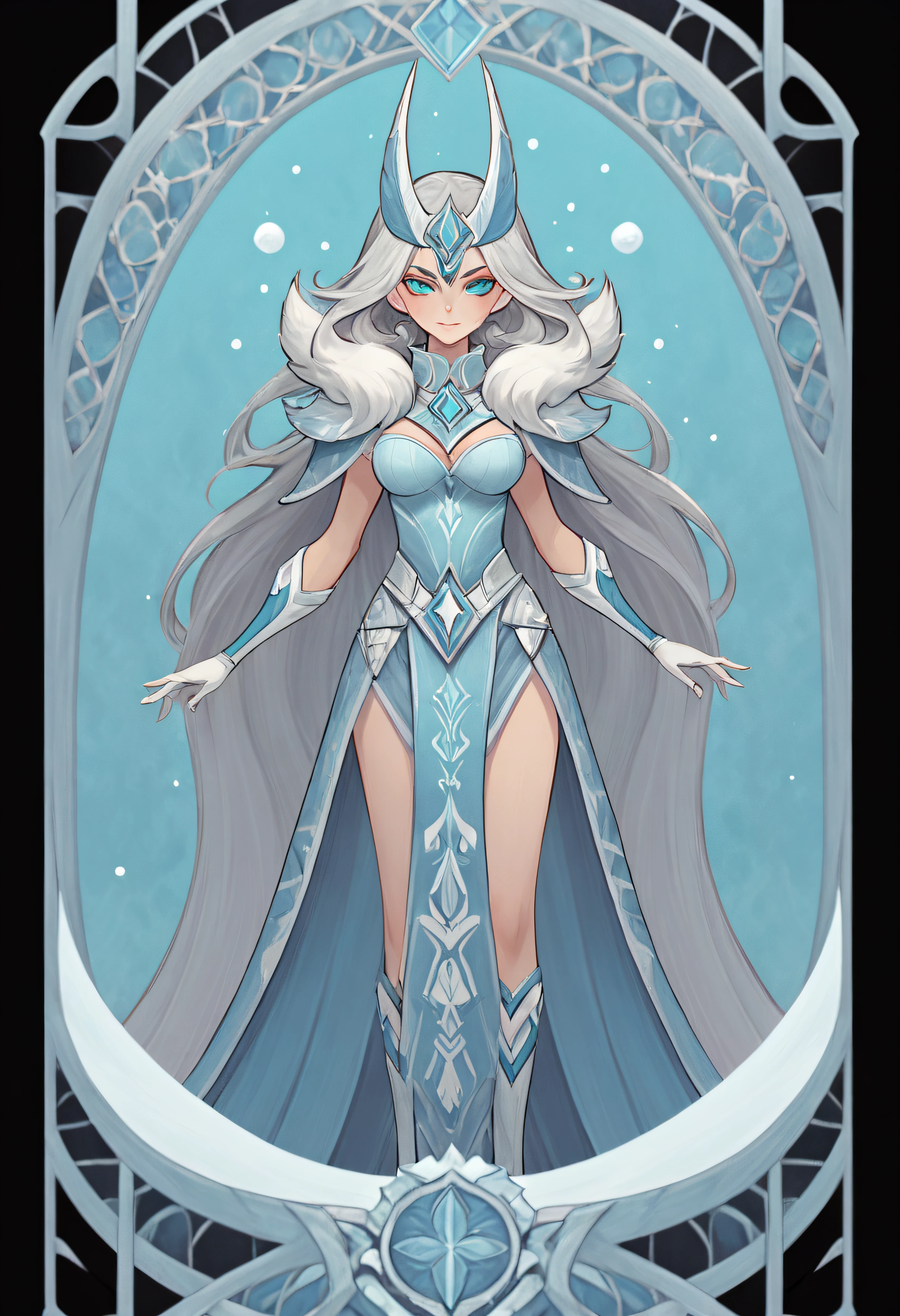 1 Huntress, The costume of the northern barbarians, Furry cape, Ice and snow, full-body portraits, (((独奏))), Clear facial features, Simple line design, ((tarot card background, symmetric beauty)), perfectly symmetrical, The art of symmetry, Standing drawings of characters, ((flatcolors)), tmasterpiece，top Quority，best qualtiy，超高分辨率, ((Clear facial features，beautidful eyes，beauitful face, Exquisite facial features))