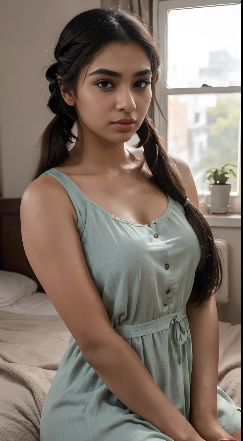ultra-realistic photographs,Indian Instagram female model,mid 20s,9:16,mid-shot,beautiful detailed eyes,detailed lips,longeyelashes,long black pigtails hair, naturally full eyebrows,perfectly formed nose,expressive face,attractive appearance,candid photo,vibrant and colorful pyjamas dress, plain dress, hostel room background, serene atmosphere,stunning architecture,soft and natural lighting,vivid colors,photorealistic,HDR,highres,studio lighting,ultra-detailed,bokeh,fully covered clothes