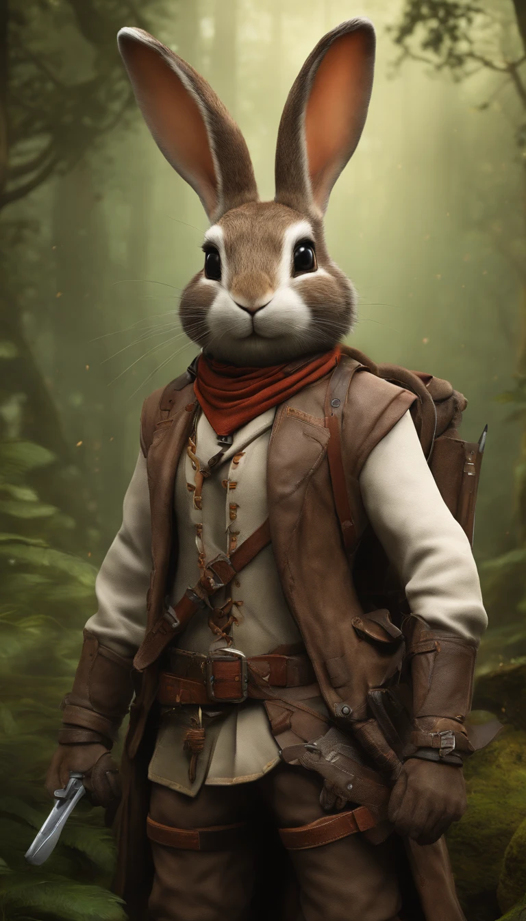 Anthropomorphic, Adventurous bunny, goggles, Rabbit head and rabbit tail, Dressed in an explorer's suit, Features Tomb Raider and Assassin's Creed-inspired costume designs and intricate costume details,Warhammer fantasy RPG roadman adventurer's outfit and outfit and power-up, Knolling, Bow down layout, earth tones, Natural materials, destructured, Highly detailed, Depth,abstracted, Modern art, psychedelia, psychedelia, rich colourful, ultra-realistic realism :: Retro-futuristic sci-fi fantasy The charm and adventure of The Jasons, Artist Aaron, Beautiful artwork on the tabletop, smartphone, the wallpaper, Adventure-themed style, Colorful melancholy, 8K resolution, Hiking core, 2D, Colorful