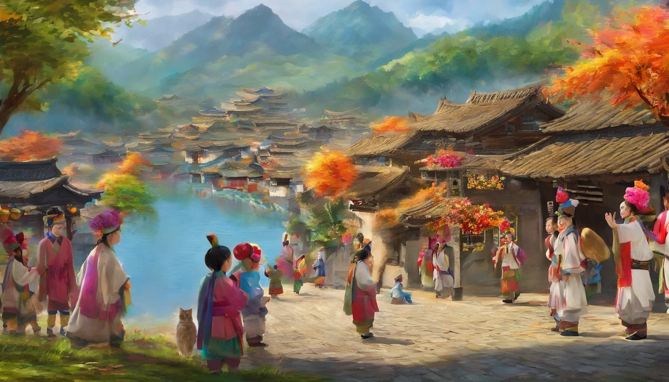 (bustling village scene:1.2, vibrant rural scenery) A beautiful village nestled among majestic mountains. The picturesque landscape is dominated by lush greenery, with vibrant blue skies overhead. The focal point of the scene is a joyful sight: a young boy and girl, holding hands, explore the village together. They are dressed in traditional attire of the Zhuang ethnic group, adorned with intricate floral wreaths on their heads. Surrounding the children are a circle of colorful balloons, adding a touch of whimsy to the scene.
A wise elderly man, dressed in a splendid Zhuang robe, stands nearby, clutching a long flute. His presence adds a sense of tradition and wisdom to the village atmosphere. Curiously observing the scene is an adorable little cat, its playful eyes reflecting the liveliness of the surroundings.
The village square is abuzz with activity. People dance gracefully to traditional music, their movements fluid and graceful. The rhythms of drums echo through the air, creating an energizing ambiance. On the edges of the square, vendors are busy showcasing their culinary delights and handcrafted goods, with tantalizing aromas wafting through the air. The scene is alive with vibrant colors, capturing the essence of the Zhuang culture.
The overall image quality is of the utmost importance, featuring (best quality,4k,8k,highres,masterpiece:1.2) ultra-detailed elements. The scene is envisioned with realistic and photorealistic characteristics (realistic,photorealistic,photo-realistic:1.37), with each detail meticulously represented. The lighting is carefully considered, with soft, warm sunlight bathing the scene, casting gentle shadows and illuminating the vibrant colors of the village.
(artistically rendered,portrait-like:1.2) The village scene is imbued with a touch of artistic interpretation, reflecting the unique essence of the Zhuang culture. The color palette highlights the natural beauty of the surroundings, evoking a sense of harmony and tranquility.