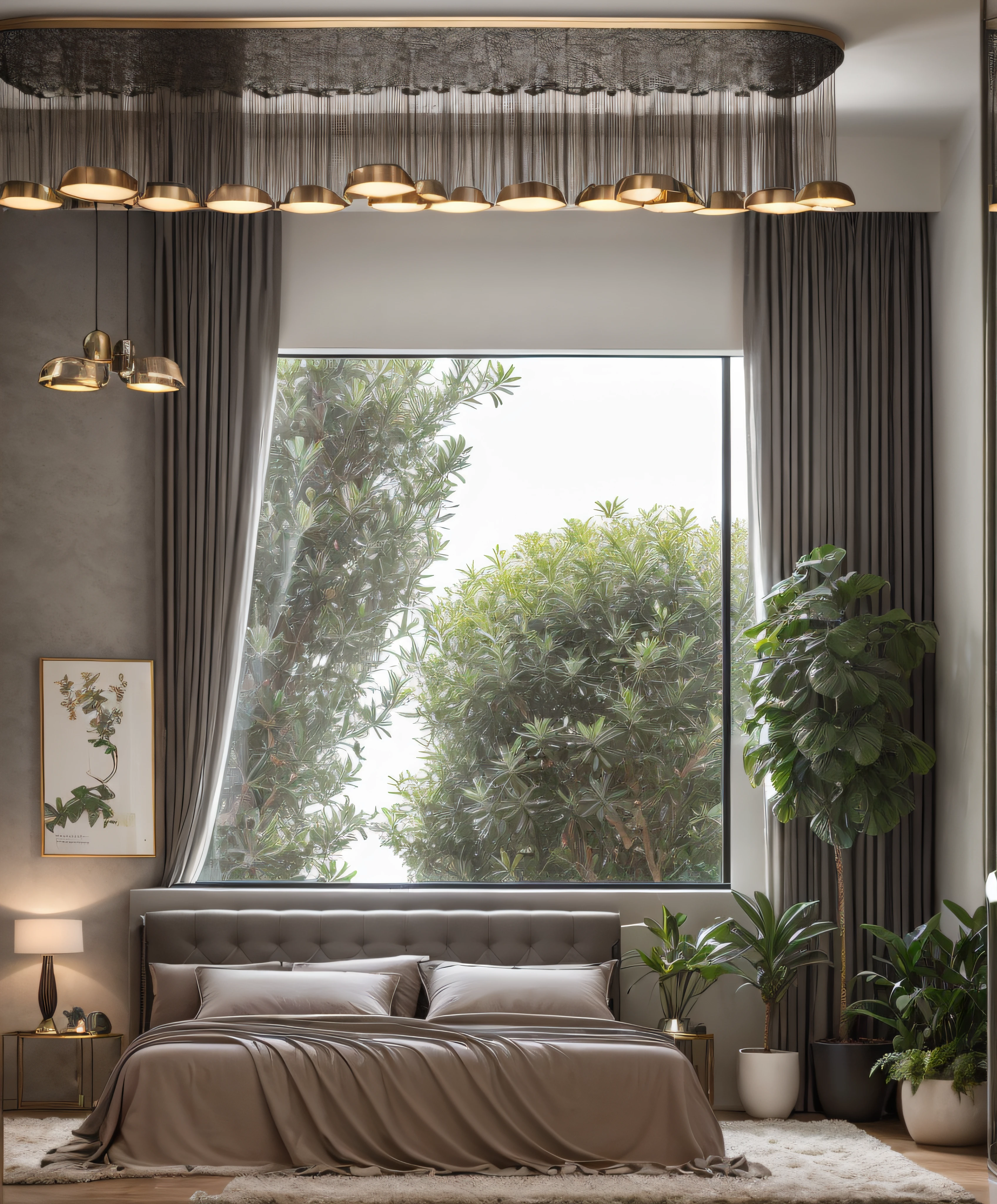 in the night, nice lighting,
luxurious bedroom interior design, luxury interior, luxurious bed,tufted carpet, large glass window with gray drapes, natural light, softlight, (flat white ceiling),masterpiece, realistic, high quality, potted plants