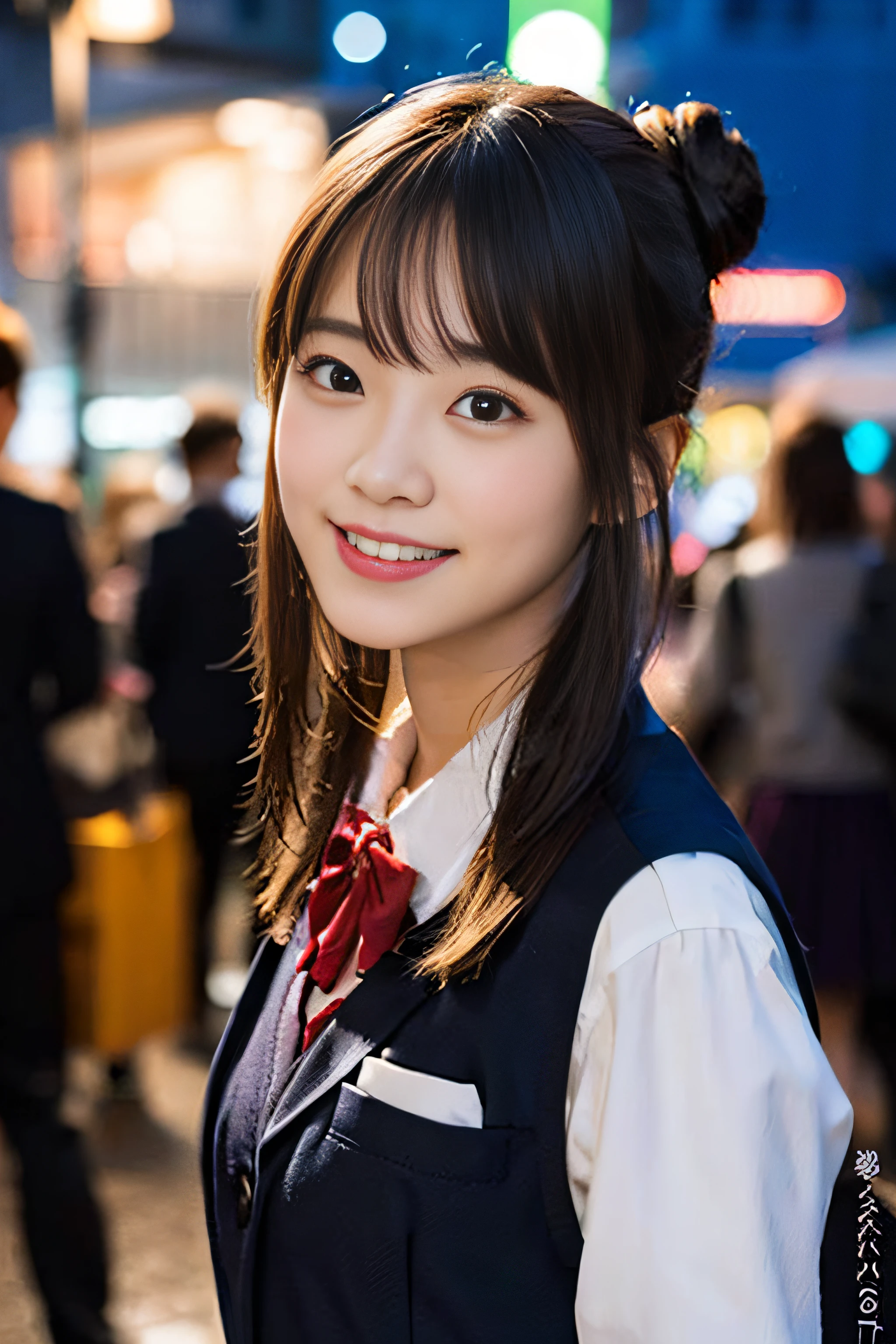 (8K、Raw photography、top-quality、masterpiece:1.2)、(realisitic、Photorealsitic:1.37)、ultra-detailliert、超A high resolution、女の子1人、see the beholder、beautifull detailed face、A smile、Constriction、(Slim waist) :1.3)、Beautiful detailed skin、Skin Texture、Floating hair、Professional Lighting、Whole human body、a blond、japanese hight school uniform、hi-school girl、skytree、Observation Deck、nighttime scene、redribbon、Bob Hair、Happy smile、Suppin、Bun hairstyle