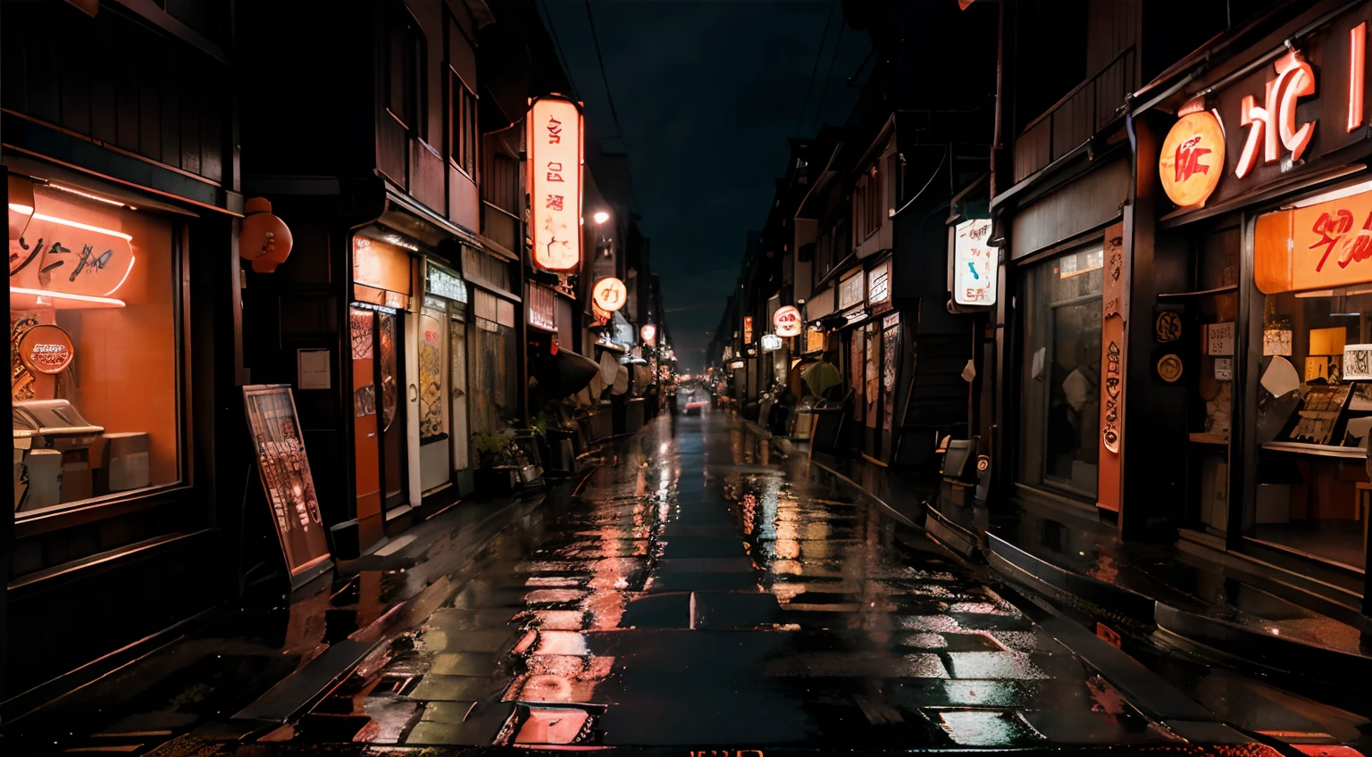 Red light district Japan, Yokyo, wet pavement, ((centered)), ((long stretch shops and neon signs)), ((night time))