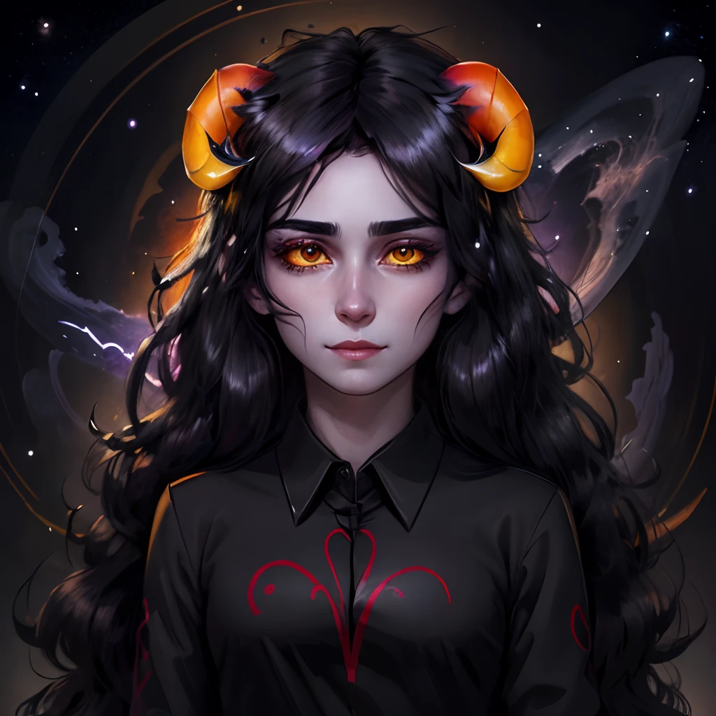 close-up portrait, aradia, (horns), black hair, dark grey skin, black shirt, collared shirt, yellow sclera, black eyes, very long hair, (smirk), (intense gaze), eyeliner, mysterious lighting, mysterious atmosphere, space, nebula, looking at viewer