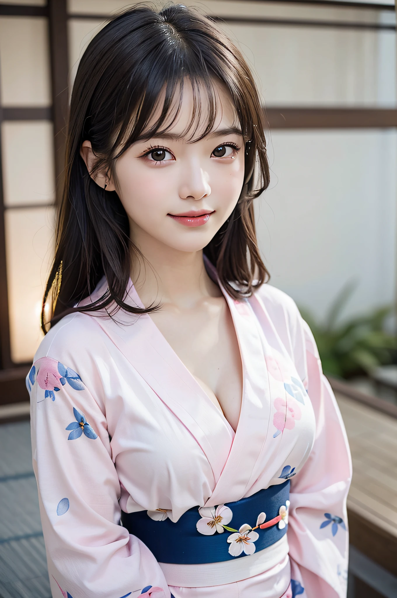 (1young girl), Extremely cute face, Amazing face and eyes, (Highly detailed eyes, Highly detailed face), fresh, Very clean appearance, (Hyper-realistic, hight resolution), (Best Quality:1.4), Raw photo, (Realistic, Photorealsitic:1.37), Professional Photography, (light pink floral pattern yukata:1.5), (Open yukata), (cleavage:1.2), (Bare shoulders), Smile slightly, (Staring at me), Bedroom, girl portrait,
