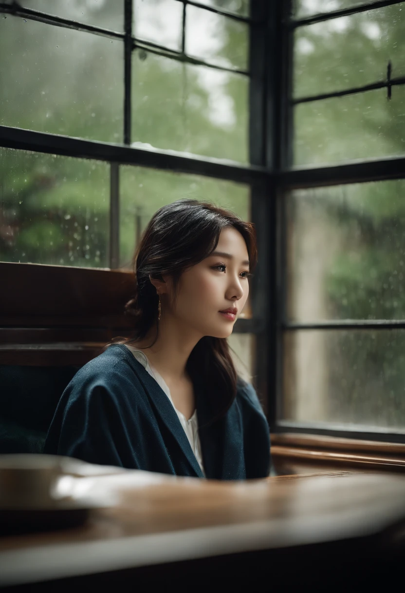 photographer delivers a cinematic experience akin to a trending Instagram post. In a Japanese classroom, a stunning Japanese woman in her Sailor student uniform sits stoically by the window. Her gaze is unwavering, locked onto the outside world, seemingly detached from the rain cascading down the glass.
With meticulous attention to detail, the window frames a compelling view of a rainy day. The rain droplets, exquisitely rendered, create intricate patterns and cast realistic shadows on the windowpane. Each droplet tells a story, glistening in the ambient light, capturing the essence of the moment.
The woman's emotionless expression adds an air of mystery to the image, inviting viewers to ponder her thoughts amidst the rain-swept scenery. She occupies the side of the frame, leaving ample space for the window and the mesmerizing weather beyond. This image is a masterful blend of visual storytelling and aesthetic appeal, invoking the atmosphere of a cinematic scene from a movie, Raw Photo, Chae-Young Yoon, Beautiful young woman, Korean, 8K, 4K, High quality, professional photography,