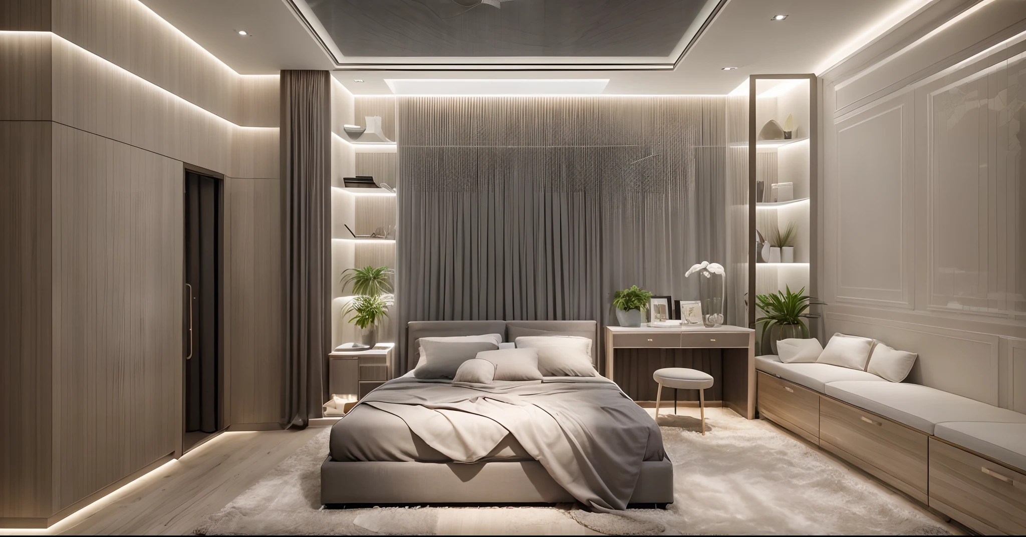 in the night, nice lighting,
luxurious bedroom interior design, luxury interior, luxurious bed,tufted carpet, large glass window with gray drapes, natural light, softlight, (flat white ceiling),masterpiece, realistic, high quality, potted plants