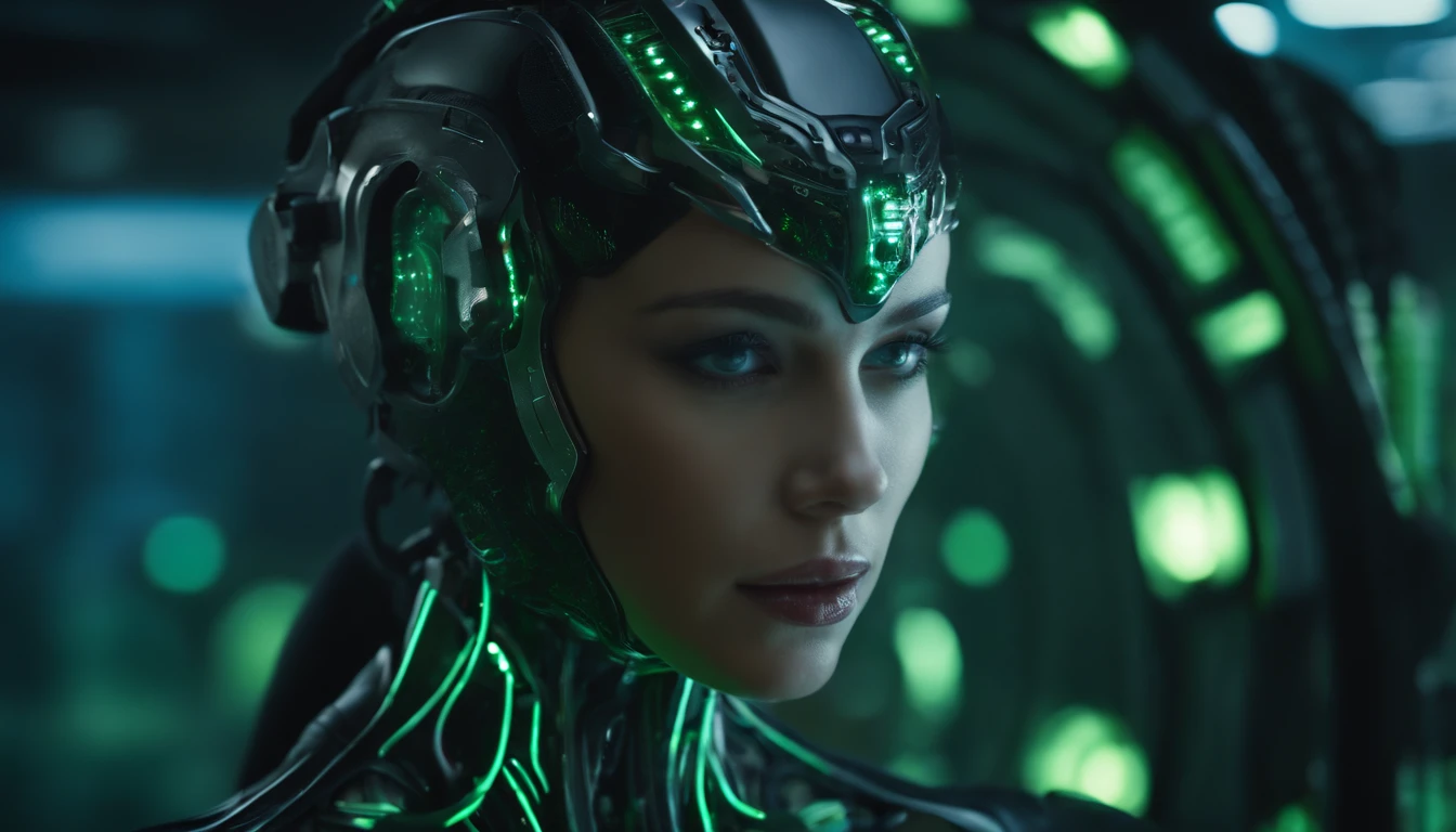 (best quality,highres,masterpiece:1.2),ultra-detailed,realistic,green and blue matrix background,beautiful detailed eyes,beautiful detailed lips,humanoid appearance,shiny metallic skin,mechanical body parts,advanced robotic technology,glimmering LEDs,precision engineering,computer system interface,high-tech camera system,advanced image processing, AI photography