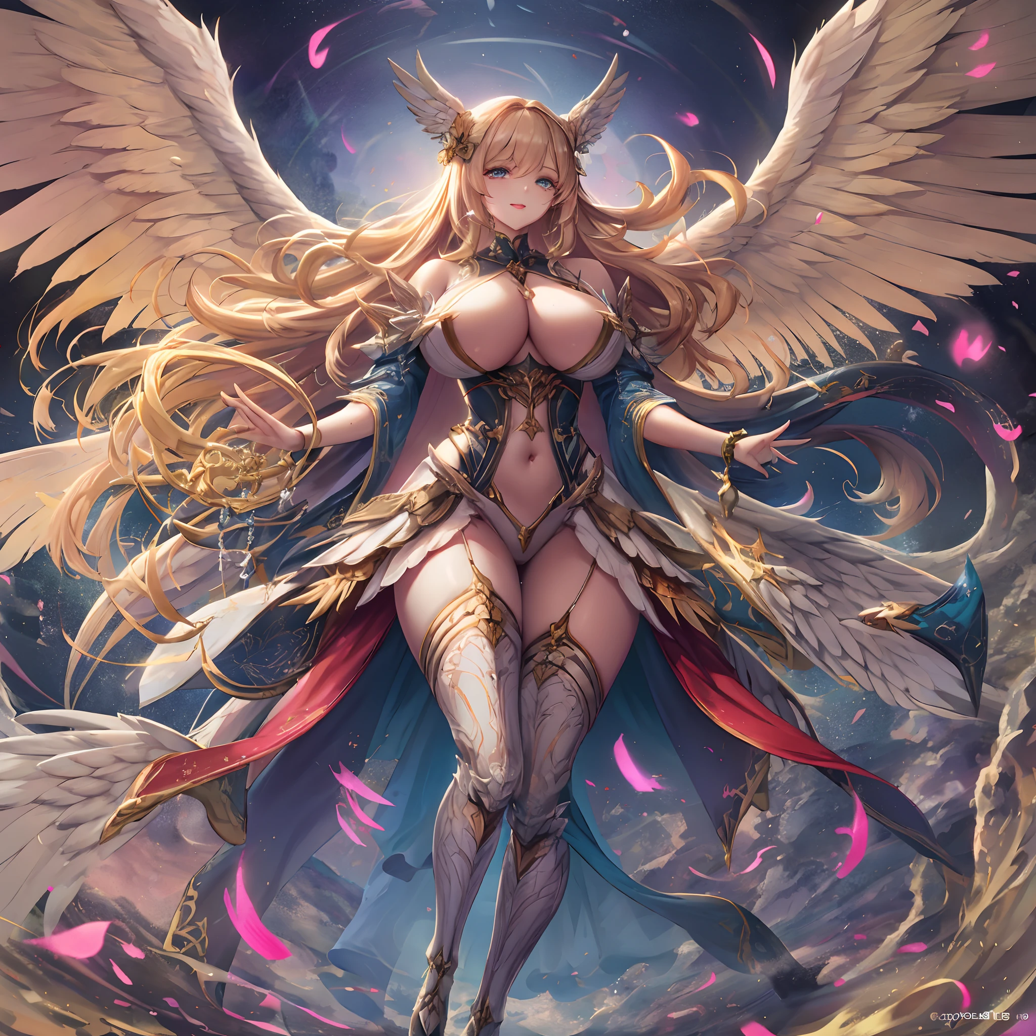 Quality over 8K, a female angel,Sexy,Long Blonde Hair,Anime,Goddess,Symmetrical blue eyes,Ultra detailed eyes,Transparent lingerie,forest,Sword,golden wings,Full body,hyperdetailed lips, hyperdetailed face, Double eyelids, Ultra Detailed feet,で,Beautiful legs,Tight boots,Full Leg Priestess、valkyrie、Angel wings、a navel、sideboob barbosa、with an intricate、Particles of light、thighs thighs thighs thighs、shinny skin、Perfect litthing、1girl in、looking at the viewers、Winged headgear、pelvis curtain、A smile、(​masterpiece)、(top-quality)、Very gigantic-breasts、maternal、Porcelain Skin、honey blonde hair、Very long hair、hair wavy(valkyrie,Paladin:0.6),Angel wings,with an intricate, Perfect Lighting,  Looking at Viewer,(masutepiece), (Best Quality)(valkyrie,Paladin:0.6),Angel wings,with an intricate, Perfect Lighting,  Looking at Viewer,(masutepiece), (Best Quality)(ValkyrieArmor:0.5),(Winged headgear:1.1),School Girl,,with an intricate, Perfect Lighting, 1girl in, Ponytail, Looking at Viewer, Smile, snulight,creek,blazing(masutepiece), (Best Quality),thighs thighs thighs thighs 、a beauty girl，red color mecha，As graceful as a swan，Enchanting，Long grey hair，Red body，Fluorescence line，White hands，lab room，FutureTech，Red indicator light on the body，Full body photo，standing on your feet，dreamy scene，，dyna，super detailing，Cell shade，8K detail post-processing，magnifica，hyperphotorealism，8K，epic composition，intricate-detail，unrealengine，Flying，Laser Cannon，Holy Angel Mecha，Mechanical exoskeleton，whaite hair，golden pupils，flower  sea，Eventide，Angel Maiden，Angel wings，White long skirt，war，Top quality combat stance, 4K, masutepiece :1.3), short petite pretty woman, Blue-haired、Curly hair、length hair、Colossal tits、 Ultra-detailed face、maid clothes、Detailed eyes, sluttish, Pose Seductive,  Smooth skin, (huge-breasted), Round breasts、red blush。kawaii、Shy、1 Crying face、nightcity、Sateen、Kimono without sleeves、A dark-haired、Holding a weapon with blood on it、Looking at the camera、Cherry blossoms are d