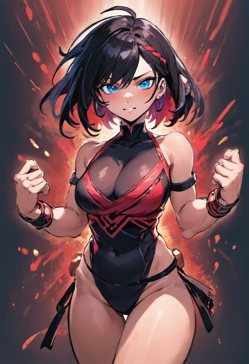 mature, black hair with red highlights , bare shoulders, ninja outfit, crossed arms, muscular, blue eyes, from below, smug smile on her face, beautiful