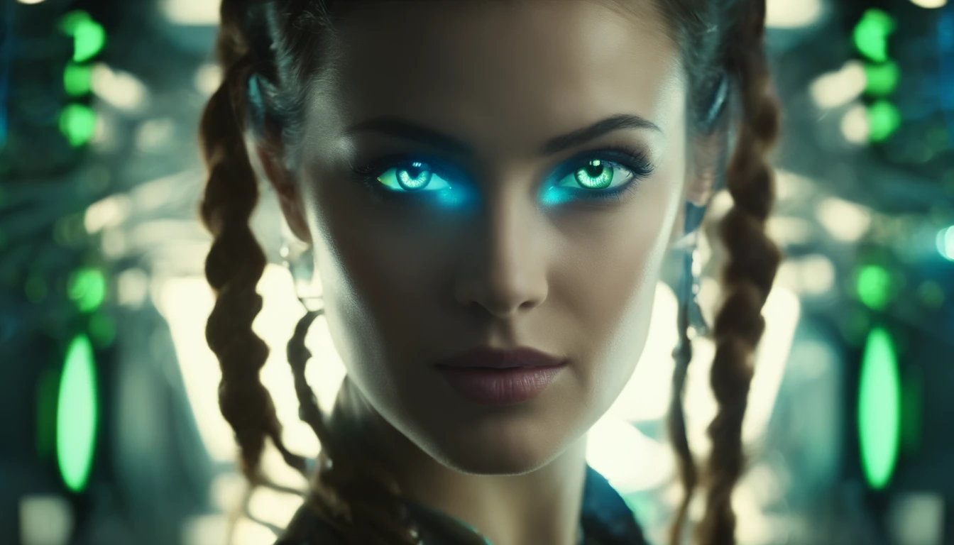 facing camera, (best quality,highres,masterpiece:1.2),ultra-detailed,realistic,green and blue matrix background,beautiful detailed eyes,beautiful detailed lips,humanoid appearance,shiny metallic skin,mechanical body parts,advanced robotic technology,glimmering LEDs,precision engineering,computer system interface,high-tech camera system,advanced image processing, AI photography