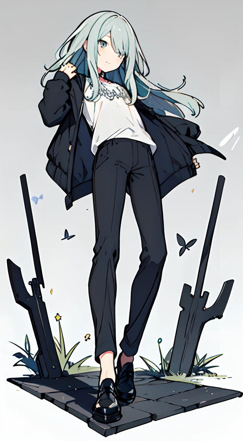 masuter piece, Best Quality,32K、Wallpaper, ultra -detail, Absurd beauty, 1beautiful girl、Big crisp eyes、Hair fluttering in the wind、Slender legs、Smaller head、miscievous smile、Angle looking up from below:1.3、♡♡♡、Poses in motion、Pants Style