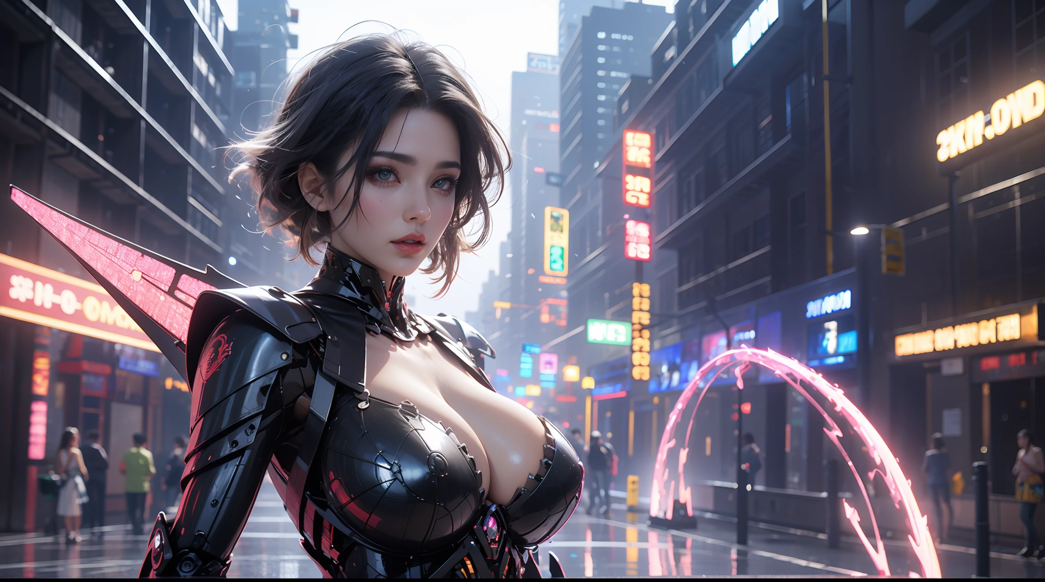 (3D realistic), gigantic cleavage breasts, (Shiny black hair), Dragon scale armor equipment, Futuristic Pyron Mech Set, (cleavage), ((Mechanical wings)), Slim and sexy body, hyper HD, 8K，dramatics，（Mid-range portrait），The city of the future