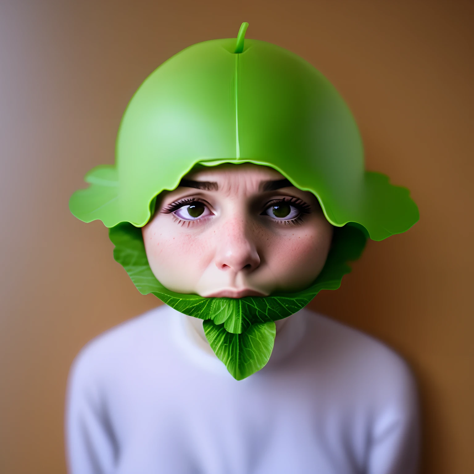 Fed up, tired woman with head made out of lettuce. Green, leafy skin. Scientific.