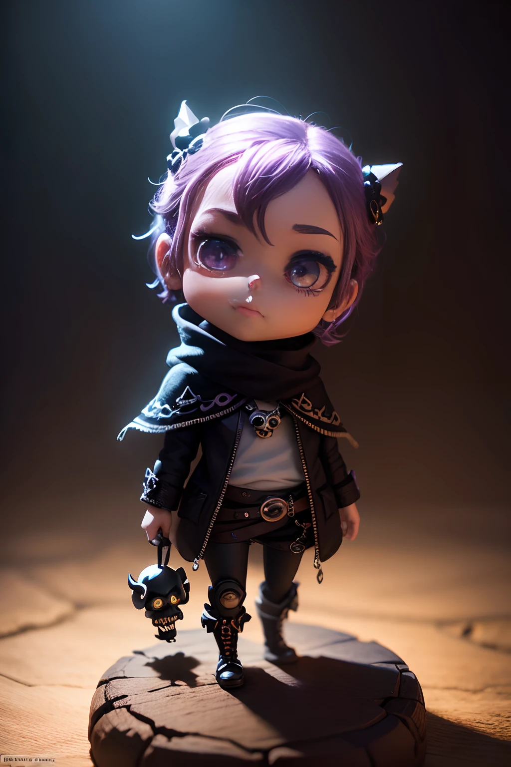 (best quality, cute, well detailed, dreamworks pixar style:1.1),mini chibi skull appearance, in a dark environment with directed light, extremely well detailed, vibrant colors,bokeh,studio lighting