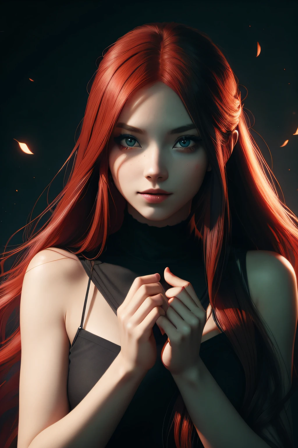 girl with long red hair, red eyes, futuristic vibes, mask on mouth, headphones, 8k, high quality, simple background, glowing eyes, nice pose