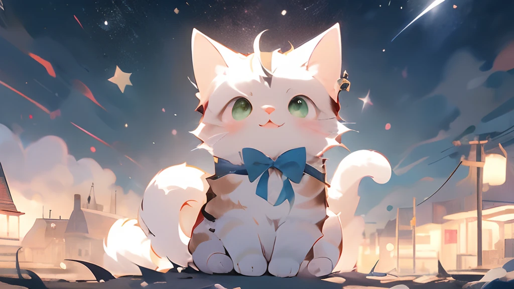 anime cat, anime visual of a cute cat, realistic anime cat, cute detailed digital art, Anime Art Wallpapers 4 k, anime art wallpaper 4k, Very beautiful furry art, 4 k manga wallpaper, Cute Anime Cats, Anime Art Wallpapers 8K、kirakira、natta、nigh sky、stele、shooting stars、A city scape、Will、nighttime scene、present、Christmas tree、Christmas、santa claus、A light、yuki、It's snowing、butterflys々is flying、butterflys々、Calico cat、Hachiwale、White and black cat、green colored eyes、Green eyes、With background