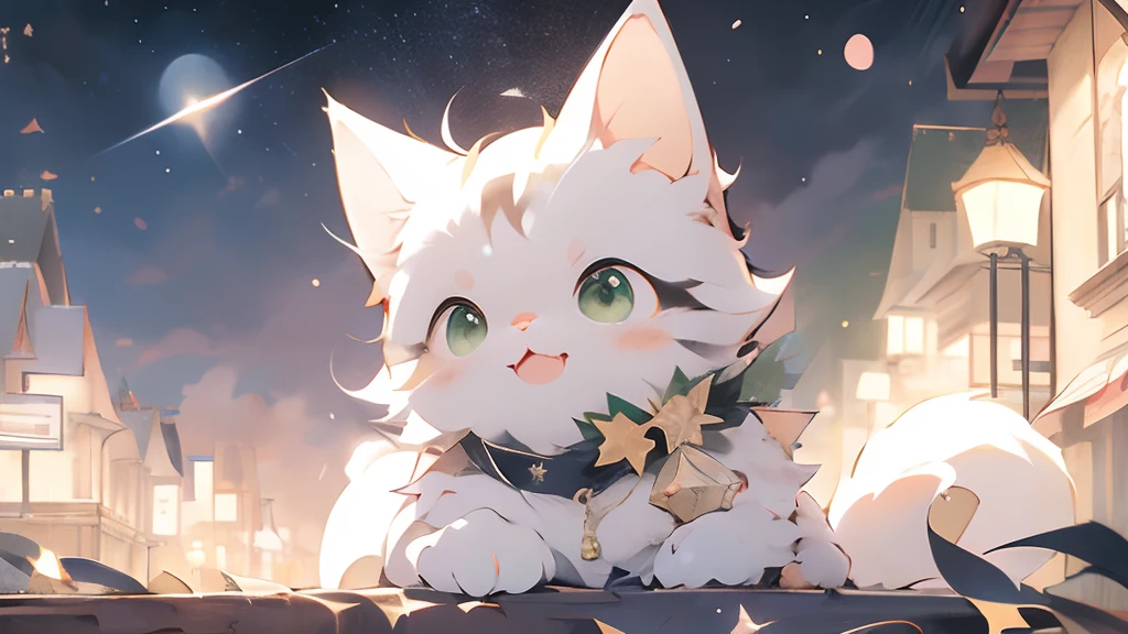 anime cat, anime visual of a cute cat, realistic anime cat, cute detailed digital art, Anime Art Wallpapers 4 k, anime art wallpaper 4k, Very beautiful furry art, 4 k manga wallpaper, Cute Anime Cats, Anime Art Wallpapers 8K、kirakira、natta、nigh sky、stele、shooting stars、A city scape、Will、nighttime scene、present、Christmas tree、Christmas、santa claus、A light、yuki、It's snowing、butterflys々is flying、butterflys々、Calico cat、Hachiwale、White and black cat、green colored eyes、Green eyes、With background