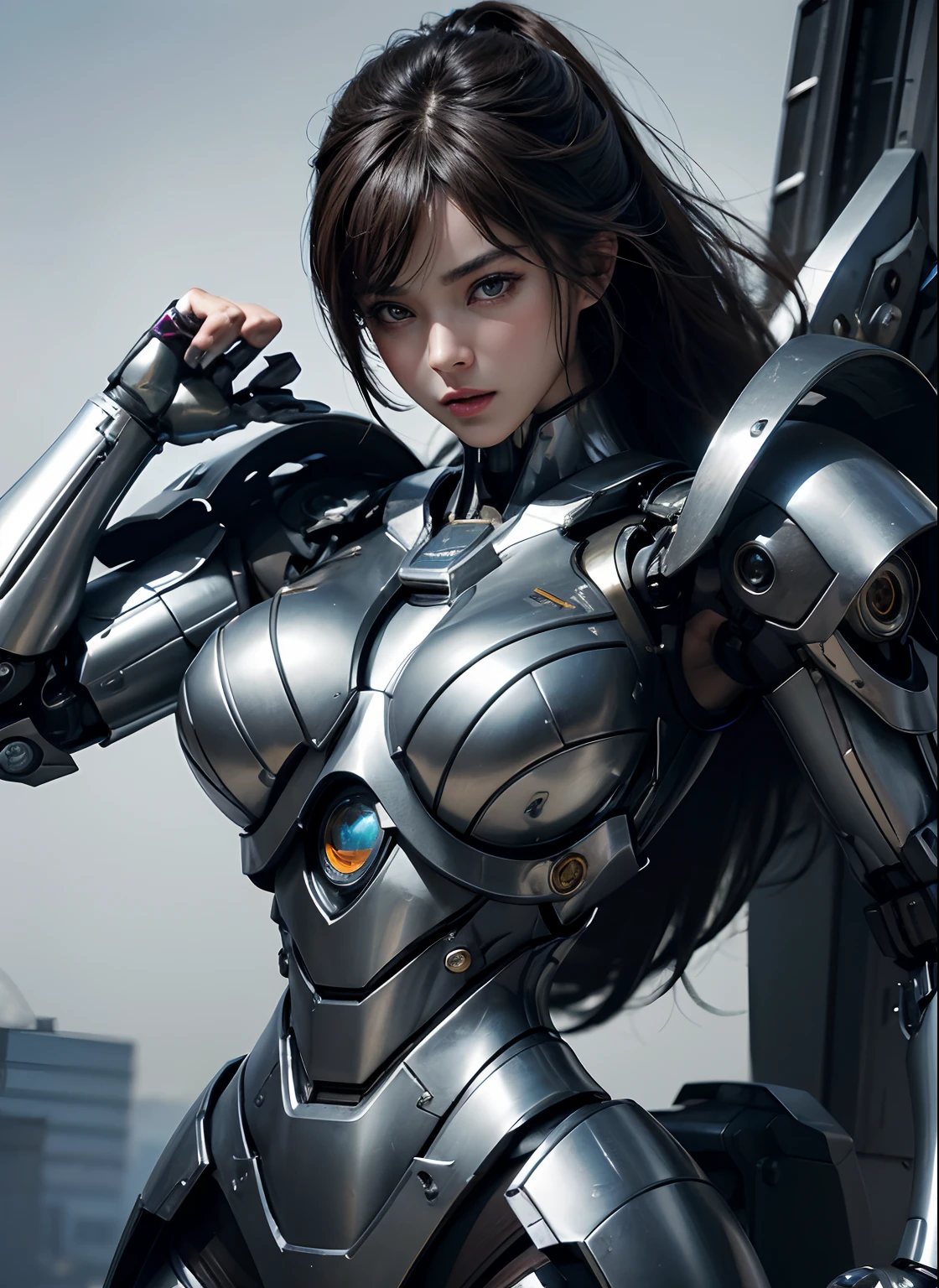 Highest quality、masterpiece、Ultra-high resolution、(Realistic:1.4)、((Full body portrait:1.2)) 、RAW Photos、1 girl、 beautiful　 beautiful、((　dark silver long hair　Detailed, precise depictions, one by one:1.2、metals Robot、露出したmetals骨格、metals Mecha Chest、Full Body metalsスキン、全身を覆うmetalsの鱗、metals製のボディ、Full Body metals、beautiful、Prosthetic arm、prosthetic limb、Full Body Cyborg、露出したmetals骨格、cyber punk、Steampunk、Ultra Sharp、Huge breasts 、Bare skin exposed in the cleavage、metals、Intricate decorative details、Very intricate detail、Blue eyes、Shining Eyes、((Sharp Eye:1.2 ))A ray of light enters my eye:1.2、Looking straight at the camera、Mechanical Limbs、Mechanical vertebrae attached to the back of a blood vessel connected to a tube、Cervical vertebrae mechanically attached to the neck、Wires and cables connected to the head、Small LED Lamp、(( A suit stained brown by battle:1.2  ))、Anatomical、Facial muscles、Cable Wire Microchip、elegant、Beautiful background、Octane Rendering、HR giger style、Shiny silver beads、Full Body Evian)　、A lightsaber with a blade held in the right hand:1.2、An orange lightsaber emitting:1.2、Long, stretched light、god々A good appearance、Captivate what you see:1.2)、   (((Future City、The devastated cityscape:1.2、Flickering rim lights、Sharp details、Official Art、Highly detailed CG Unity 8K wallpapers、absurdes、信じられないほどabsurdes、Ruined skyscrapers:1.2、The triangular building on the verge of collapse:1.5、　Vivid morning sun:1.2、The few remaining tree lines on the roadside　The green leaves burn red.:1.4、The carnage that reminds me of yesterday　、fear:1.2、　Broken Building:1.2　、Rolling concrete debris;1.5　、There&#39;s a soft light there:1.2、Ascending, rising green and gray-pink smog;1.5 )))、