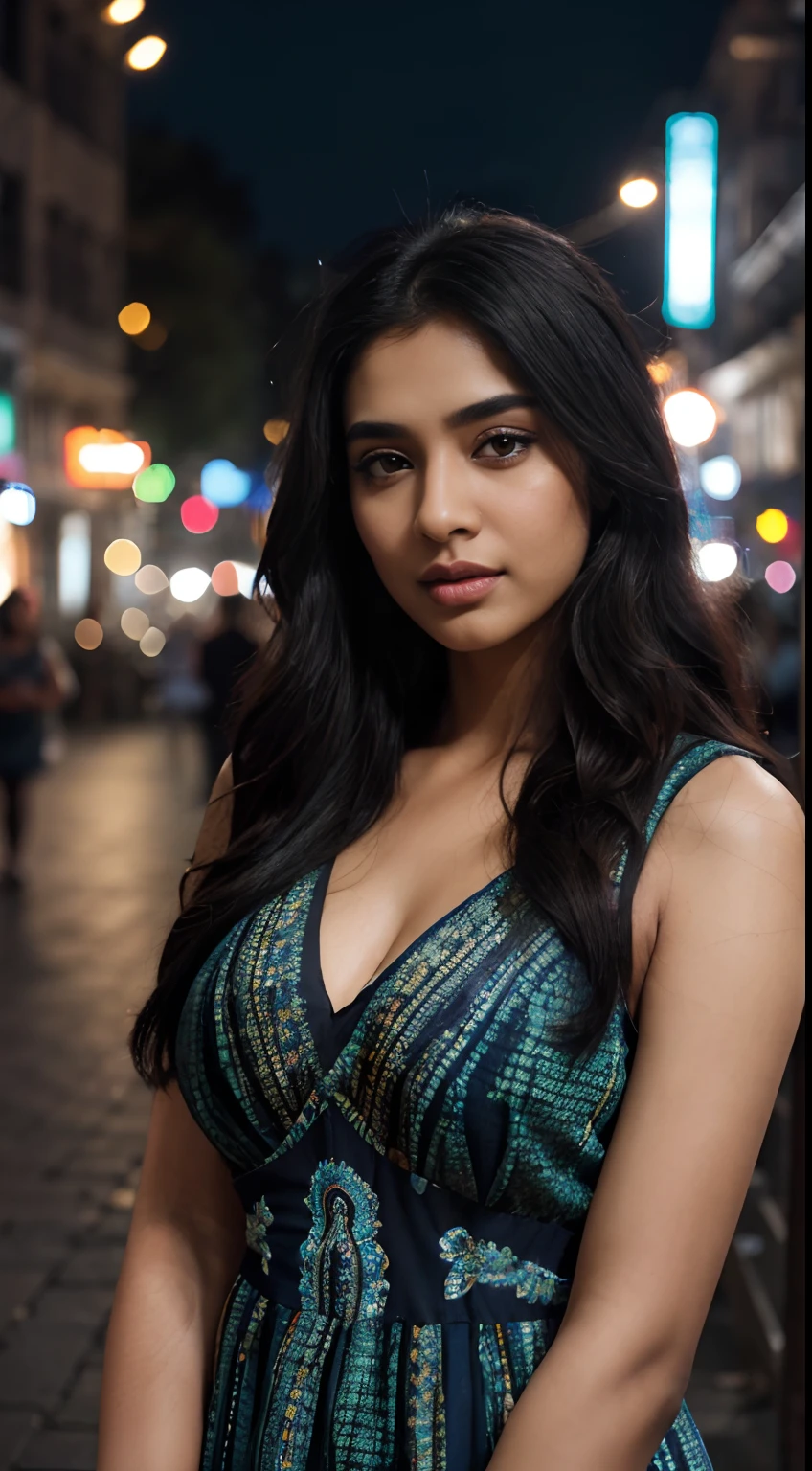 ultra-realistic photographs,Indian Instagram female model,mid 20s,9:16,mid-shot,beautiful detailed eyes,detailed lips,longeyelashes,long black wavy hair, naturally full eyebrows,perfectly formed nose,expressive face,attractive appearance,candid photo,vibrant and colorful frock dress, patterned dress, night street background, serene atmosphere,stunning architecture,soft and natural lighting,vivid colors,photorealistic,HDR,highres,studio lighting,ultra-detailed,bokeh,fully covered clothes