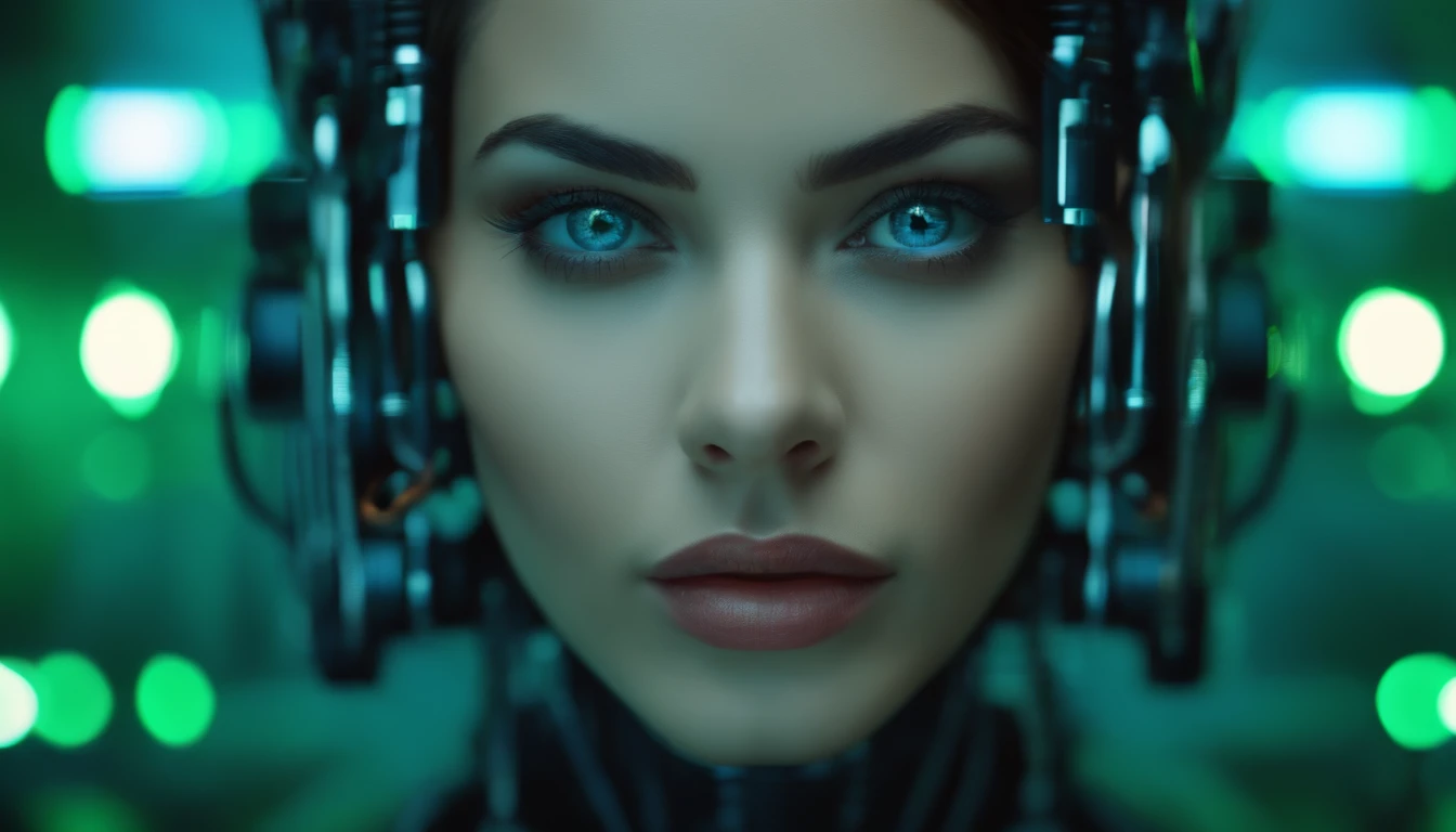 facing camera, (best quality,highres,masterpiece:1.2),ultra-detailed,realistic,green and blue matrix background,beautiful detailed eyes,beautiful detailed lips,humanoid appearance,shiny metallic skin,mechanical body parts,advanced robotic technology,glimmering LEDs,precision engineering,computer system interface,high-tech camera system,advanced image processing, AI photography