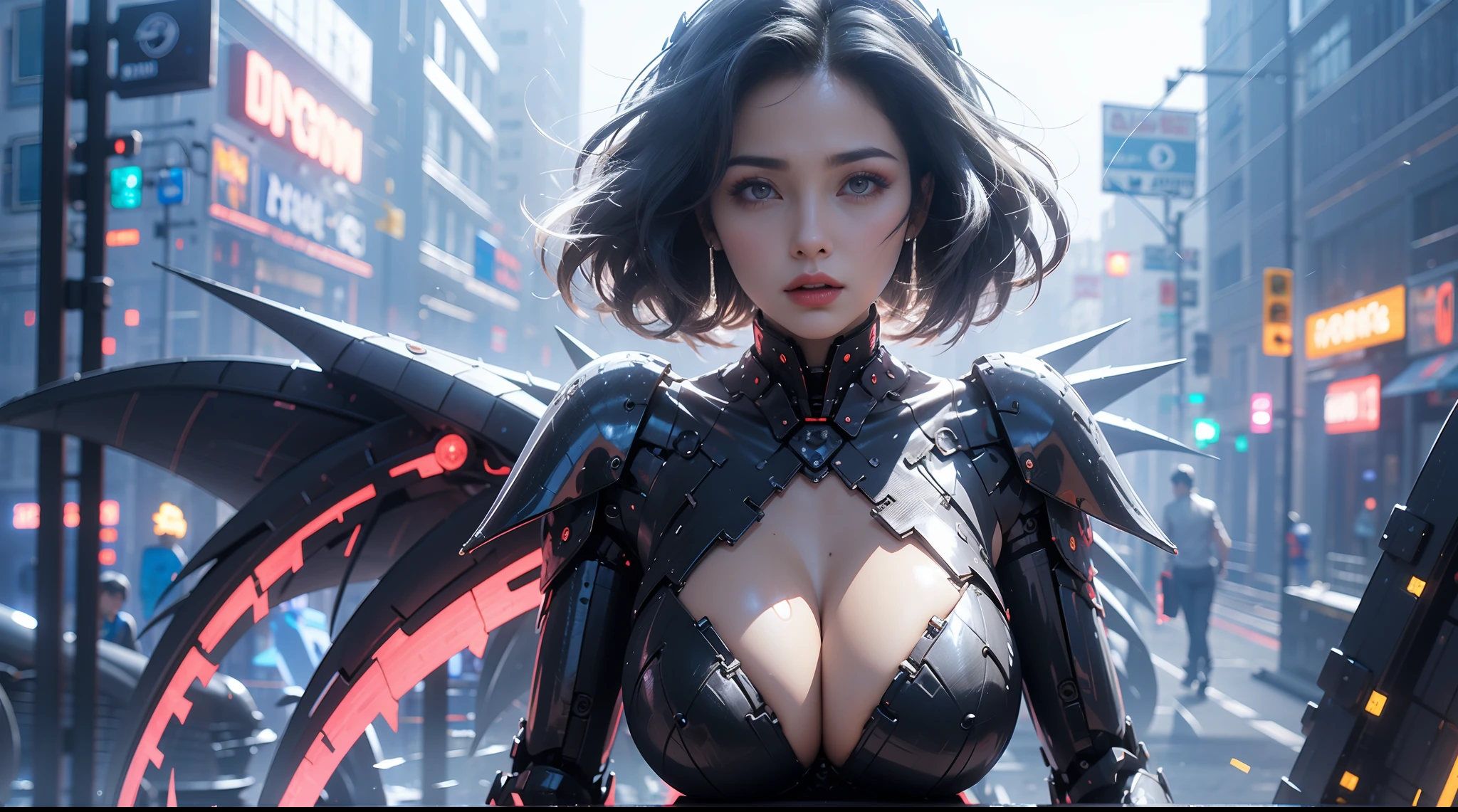 (3D realistic), gigantic cleavage breasts, (Shiny black hair), Dragon scale armor equipment, Futuristic Pyron Mech Set, (cleavage), ((Mechanical wings)), Slim and sexy body, hyper HD, 8K,dramatics,(Mid-range portrait),The city of the future