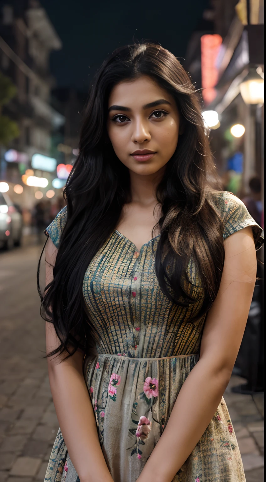 ultra-realistic photographs,Indian Instagram female model,mid 20s,9:16,mid-shot,beautiful detailed eyes,detailed lips,longeyelashes,long black wavy hair, naturally full eyebrows,perfectly formed nose,expressive face,attractive appearance,candid photo,vibrant and colorful frock, floral patterned, night street background, serene atmosphere,stunning architecture,soft and natural lighting,vivid colors,photorealistic,HDR,highres,studio lighting,ultra-detailed,bokeh,fully covered clothes