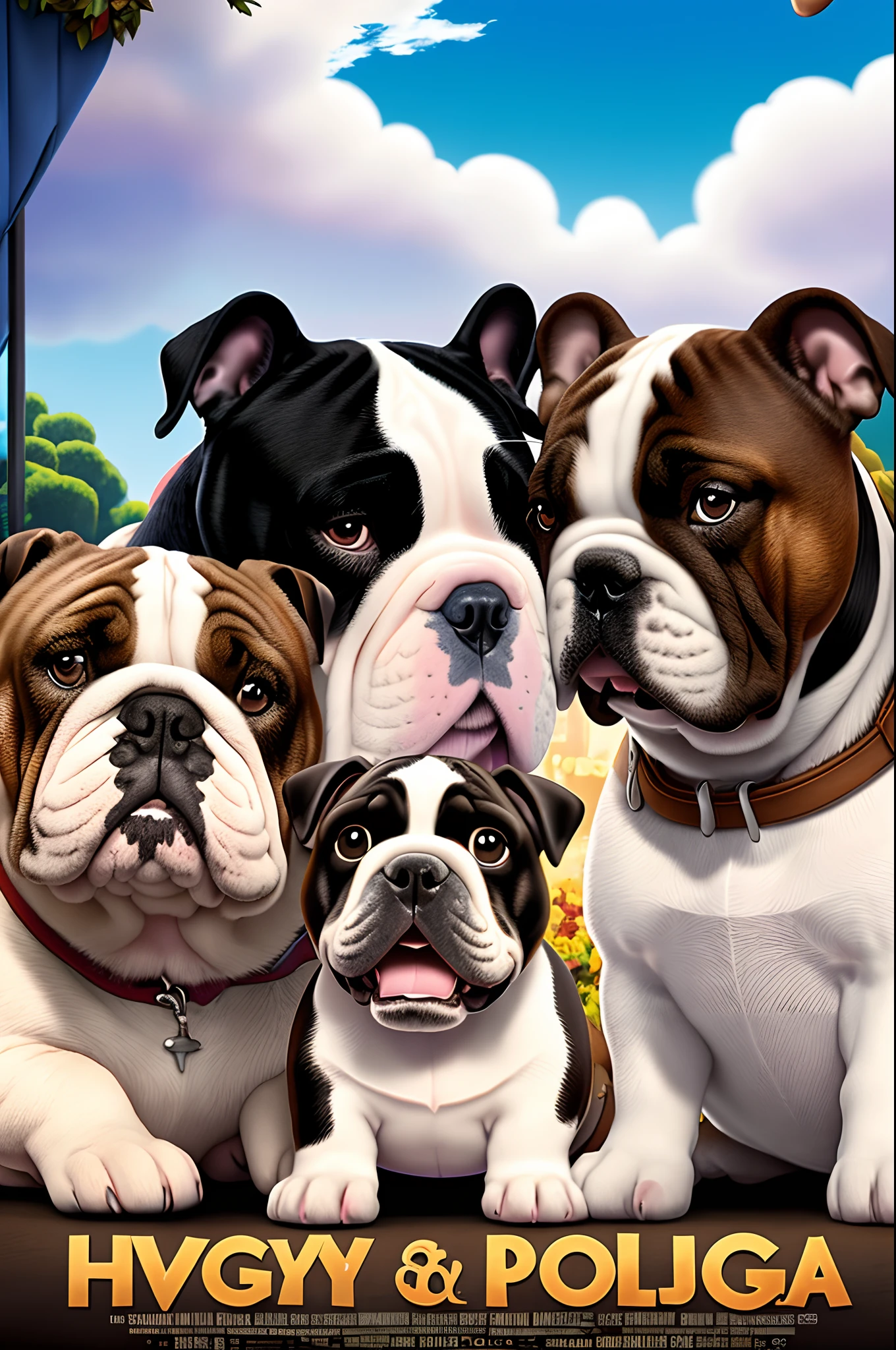 Disney pixar movie poster with a white and brown English bulldog and a black and white English bulldog called Hugo and Lola