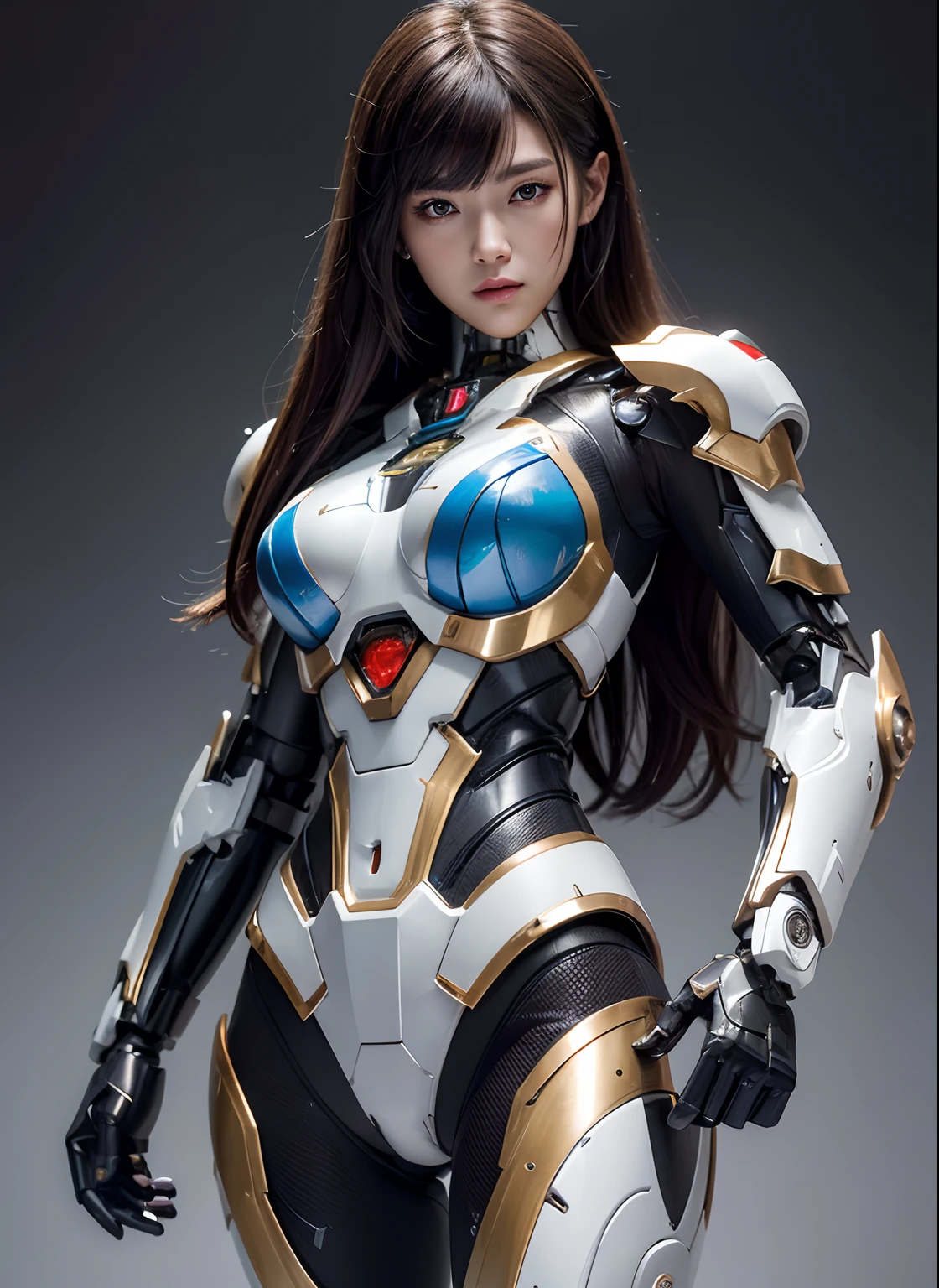 Textured skin, Super Detail, high details, High quality, Best Quality, hight resolution, 1080p, hard disk, Beautiful,(Superheroine),beautiful cyborg woman,Mecha Cyborg Girl,Battle Mode,Girl with a Mecha Body,She wears a battle cyborg mech with a weapon,Fulll body Shot