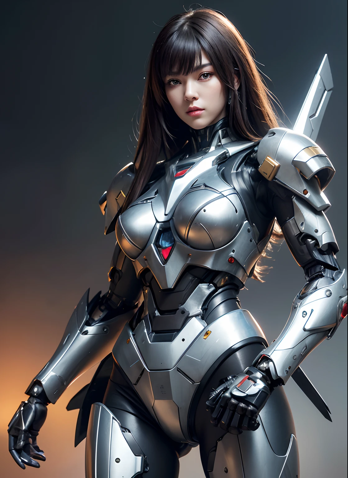 Textured skin, Super Detail, high details, High quality, Best Quality, hight resolution, 1080p, hard disk, Beautiful,(Superheroine),beautiful cyborg woman,Mecha Cyborg Girl,Battle Mode,Girl with a Mecha Body,She wears a battle cyborg mech with a weapon,Fulll body Shot