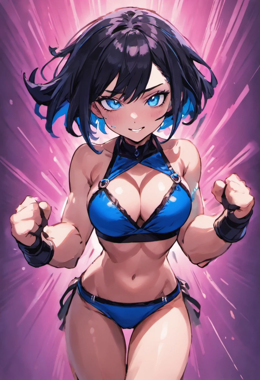 underwear, black hair with blue highlights bare shoulders, black bra, crossed arms, muscular, blue eyes, view from below, smug smile on her face, small breast