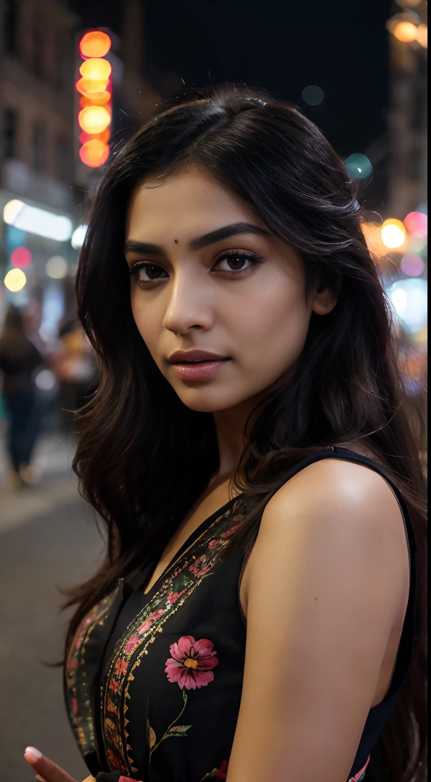 ultra-realistic photographs,Indian Instagram female model,mid 20s,9:16,mid-shot,beautiful detailed eyes,detailed lips,longeyelashes,long black wavy hair, naturally full eyebrows,perfectly formed nose,expressive face,attractive appearance,candid photo,vibrant and colorful frock, floral patterned, night street background, serene atmosphere,stunning architecture,soft and natural lighting,vivid colors,photorealistic,HDR,highres,studio lighting,ultra-detailed,bokeh,fully covered clothes