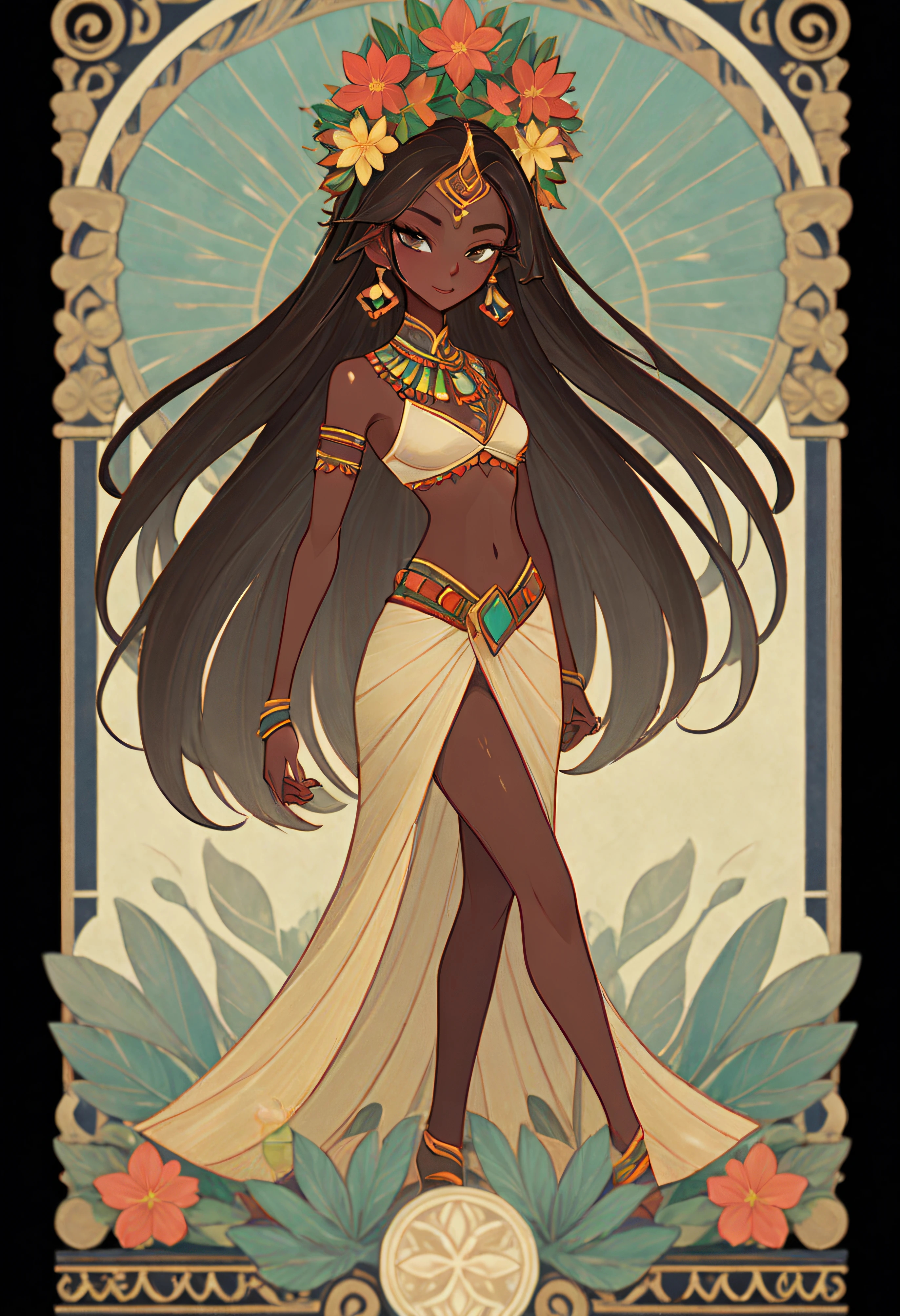 1 rapariga, Black skin, hula skirt, Full body standing painting, (((独奏))), Clear facial features, Simple line design, ((tarot card background, symmetric beauty)), perfectly symmetrical, The art of symmetry, Standing drawings of characters, ((flatcolors)), tmasterpiece，top Quority，best qualtiy，超高分辨率, ((Clear facial features，beautidful eyes，beauitful face, Exquisite facial features))