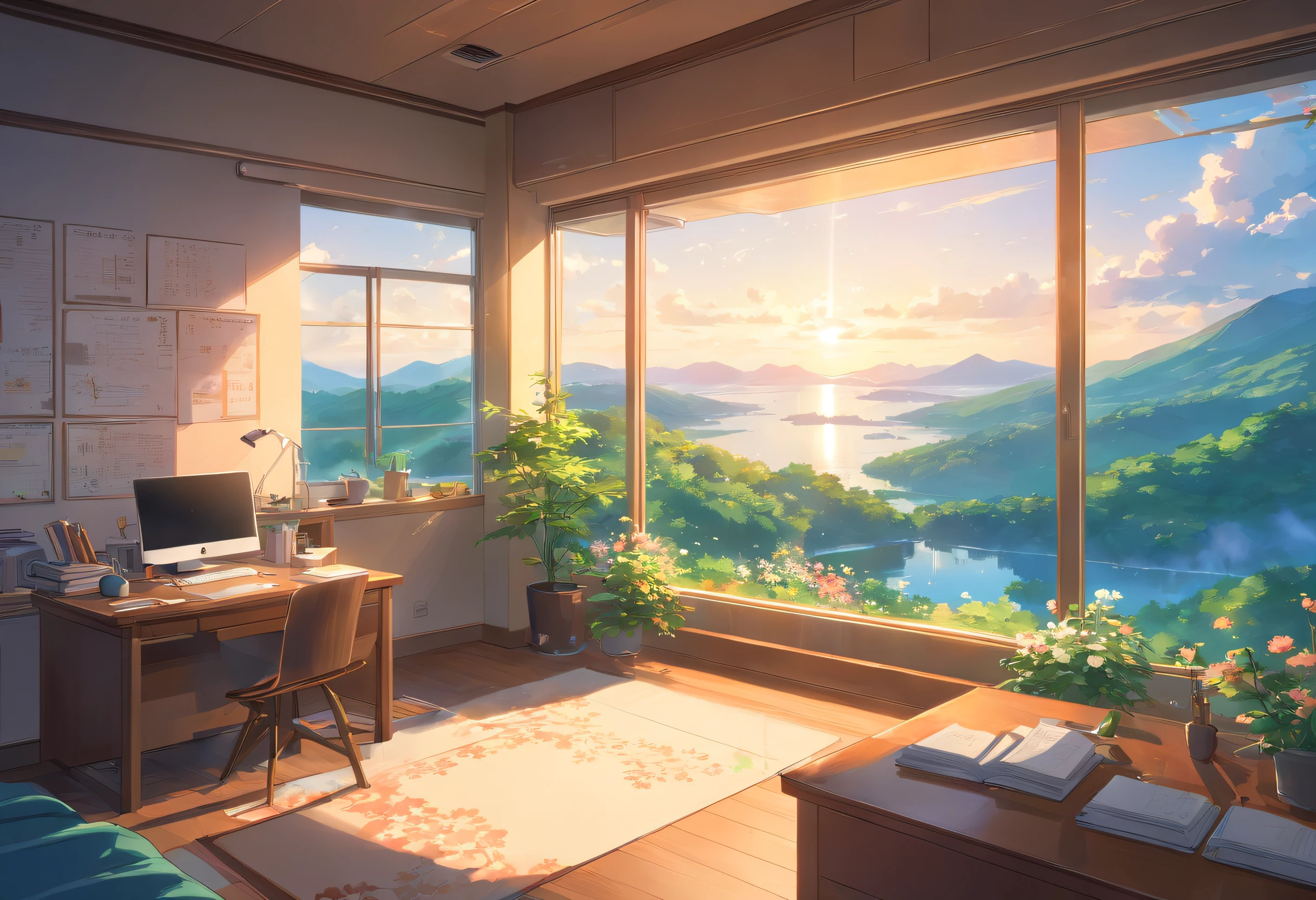 There is a room with a desk and a window with a view - SeaArt AI