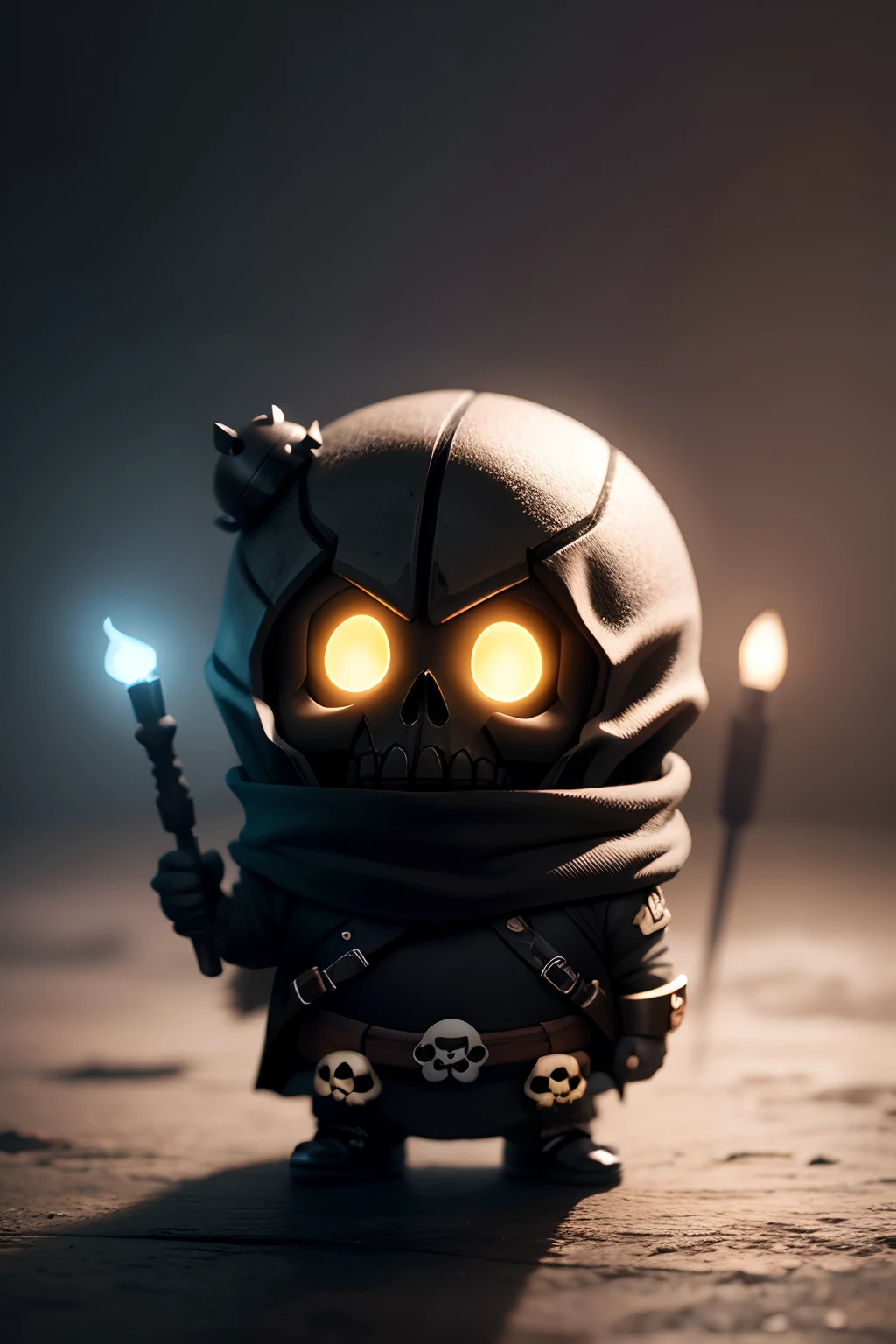 mini chibi skull appearance, cute, well detailed, dreamworks pixar style, in a dark environment with directed light, extremely well detailed