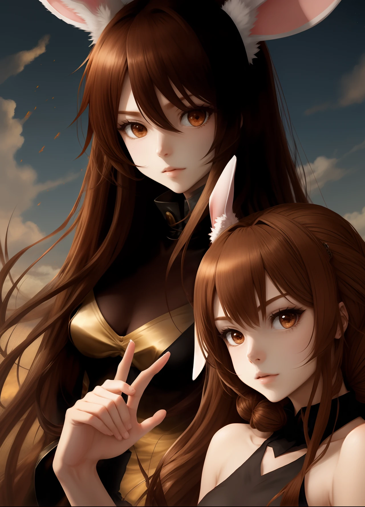 Perfect Female Body Rabbit ears A slender Kamimei Expressing rabbit ears with both hands Brown hair shinny hair onepiece Beastman